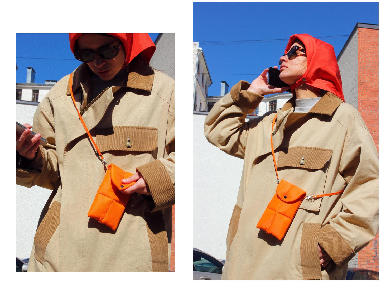 Pillow Puffer Phone pouch in Orange, Puffy Crossbody Phone Bag,Waterproof Padded Case with Strap,Hands-Free Pouch,Travel Gift for Her