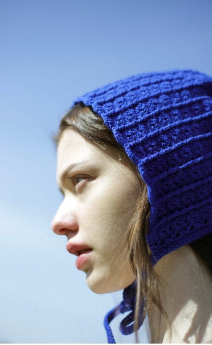 Adult Cotton Crochet Bow Tie Bonnet in Blue