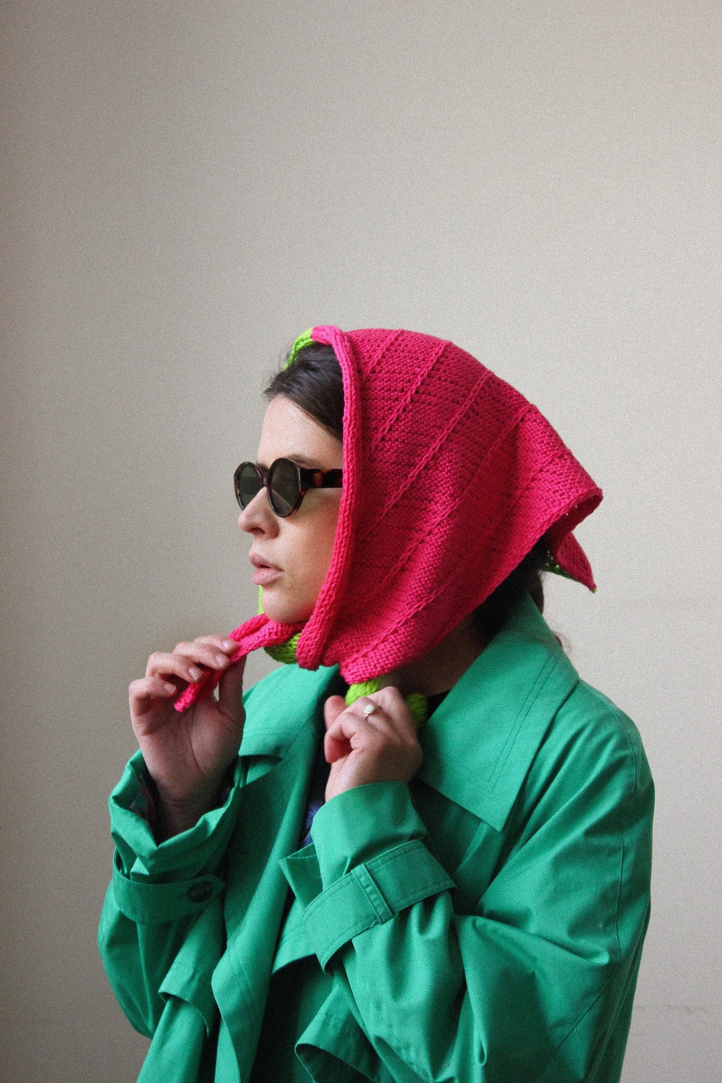 Hand - knitted Cotton Bicolour Headscarf in Poison Green & Fuscia Pink