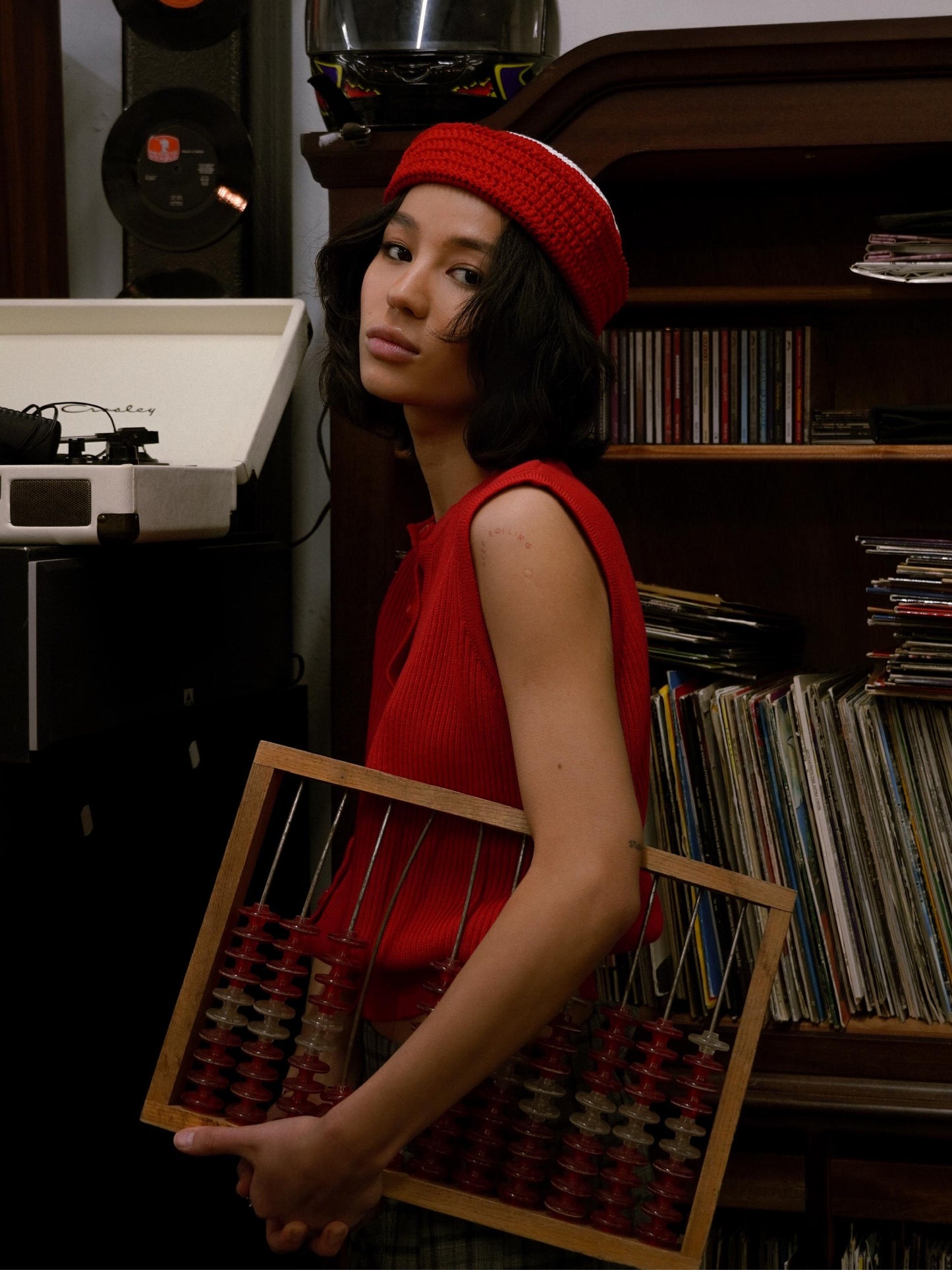 Knitted Premium Cotton Vest with random buttons in Red