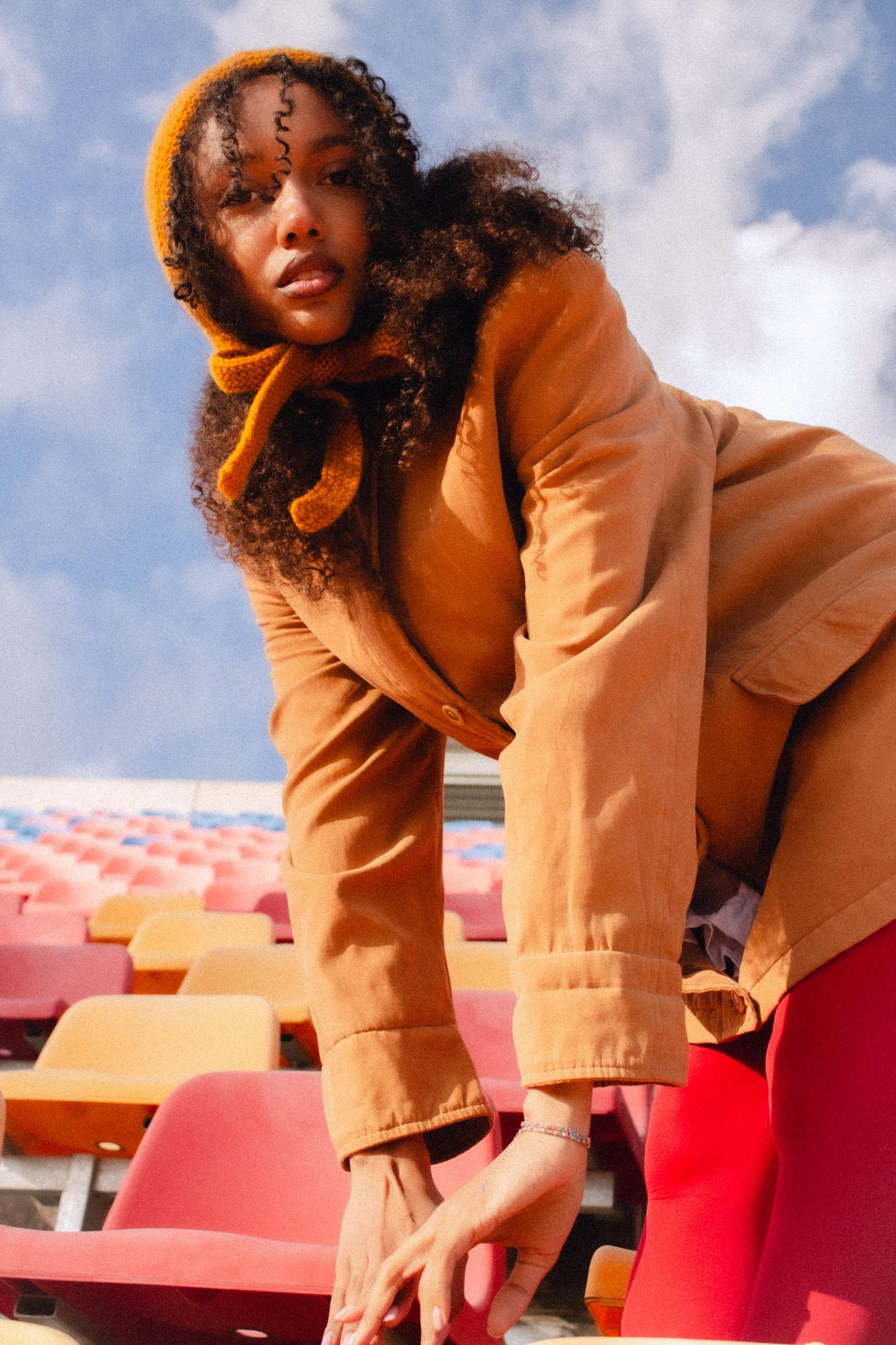 Hand - knitted Adult Bow Tie Mohair Bonnet in Mustard Yellow