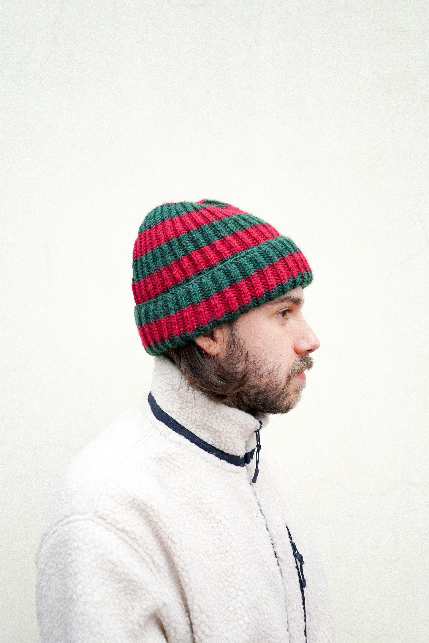 Woolen beanie hat in burgundy and green