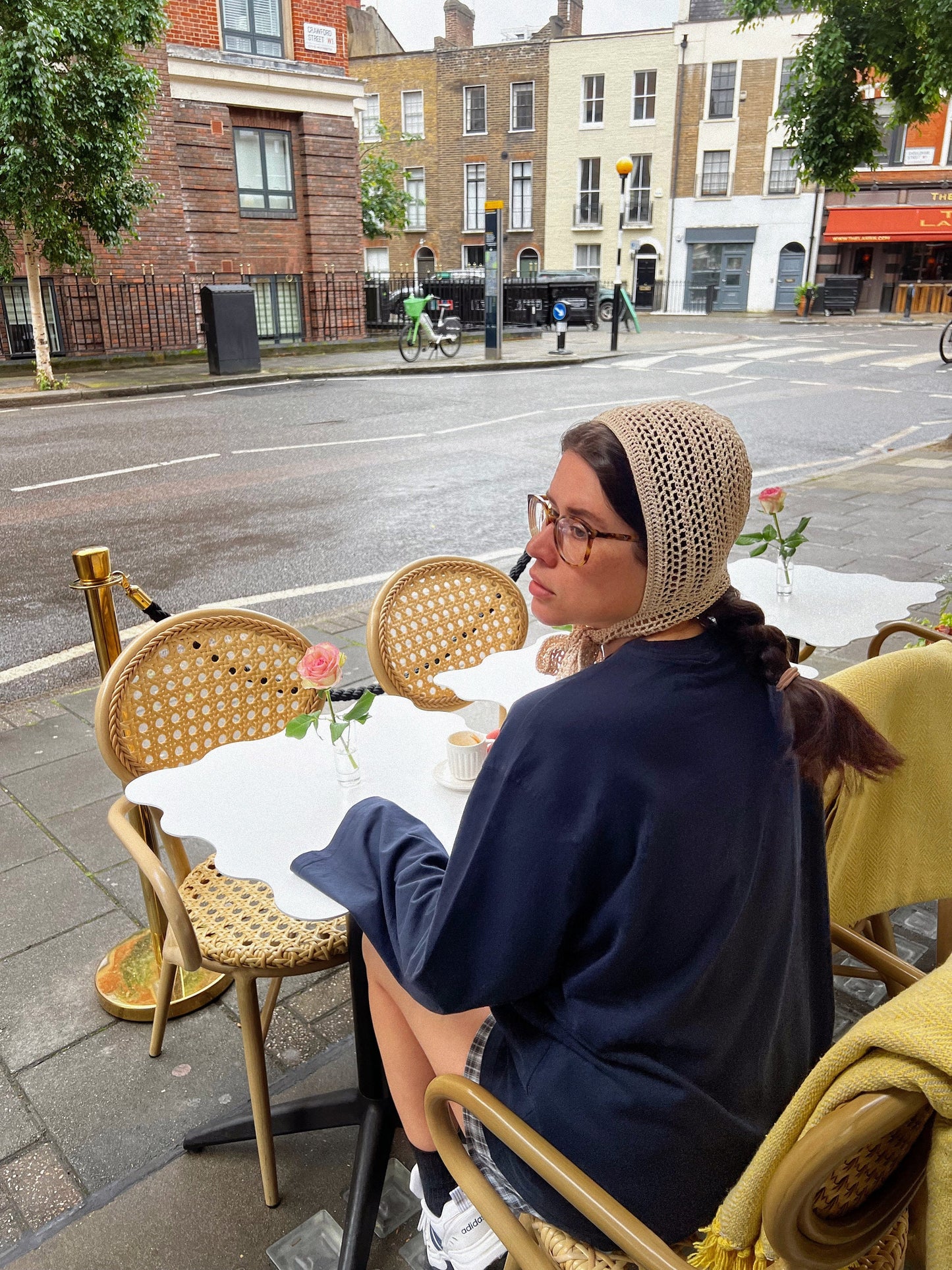 Adult Cotton Mesh Crochet Bow Tie Bonnet in Beige
