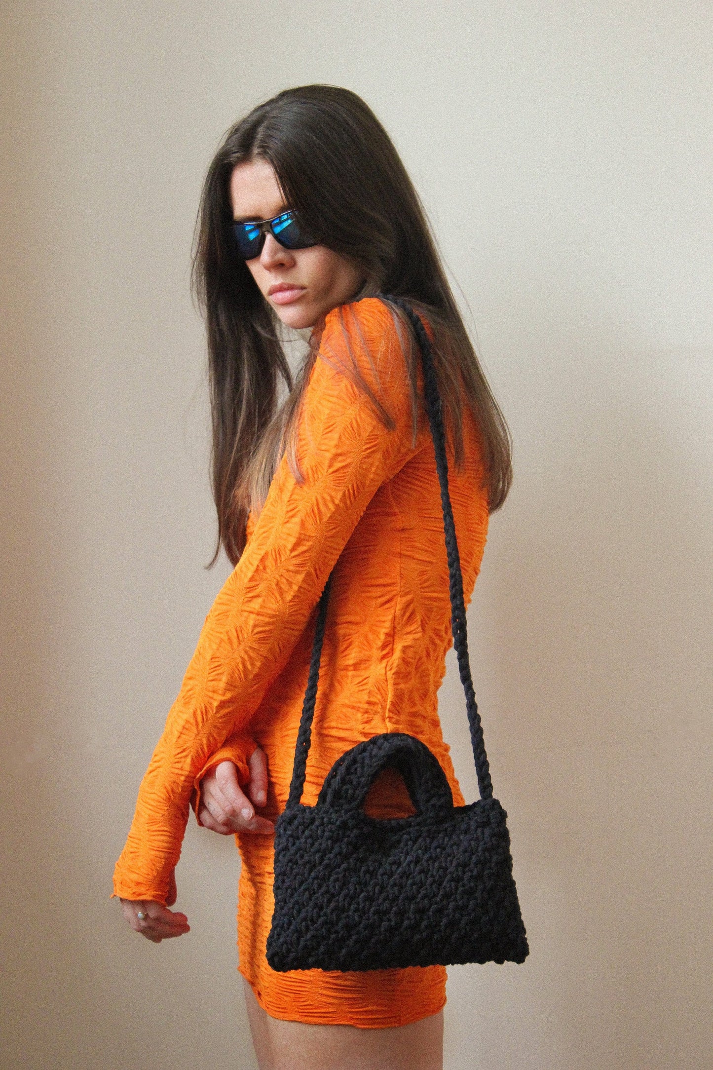 Сoarse knitted crossbody tote bag in black , tote bag