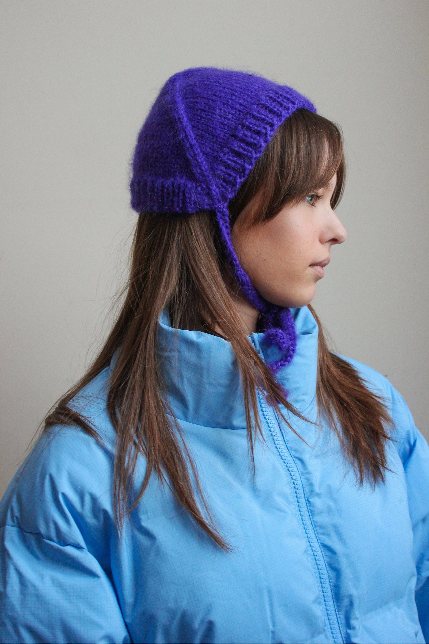 Hand - knitted Adult Bow Tie Mohair Bonnet in Purple