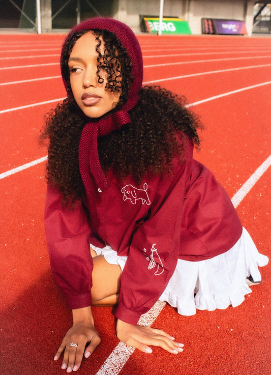 Hand - knitted Adult Bow Tie Mohair Bonnet in Burgundy