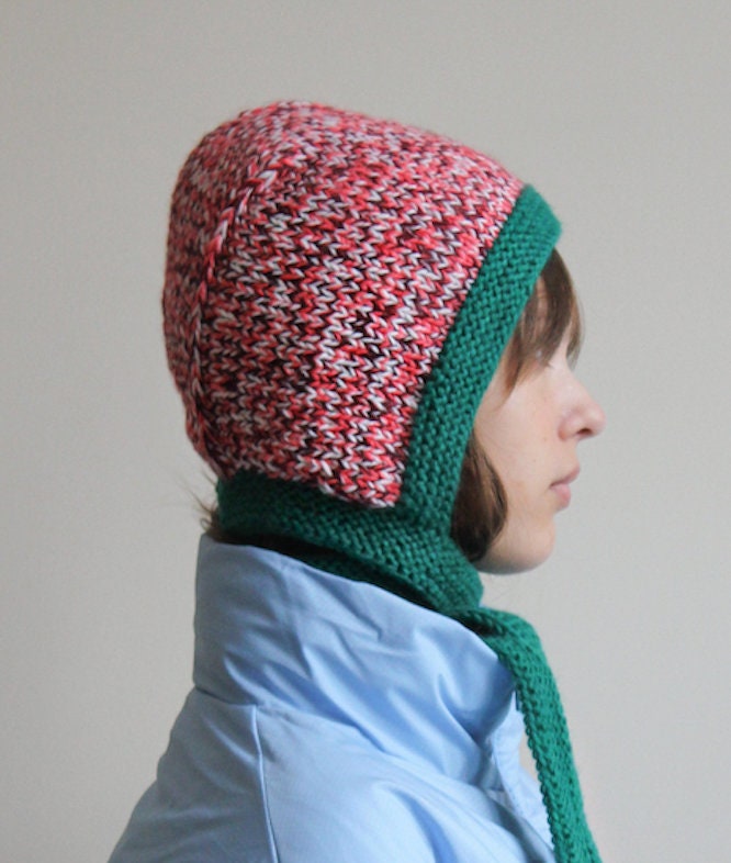 Hand - Knitted Melange Chunky Bow Tie Bonnet Hat in Pink and Emerald Green