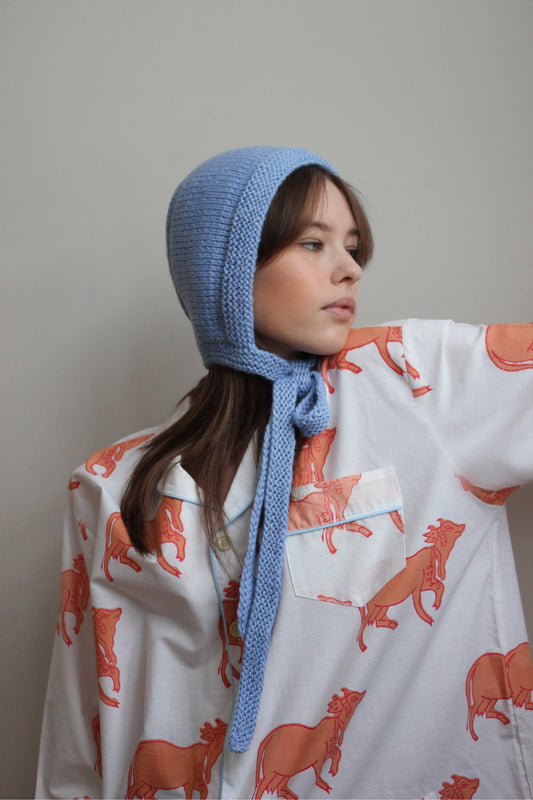 Hand-knitted Adult Bow Tie Bonnet hat in Light Blue