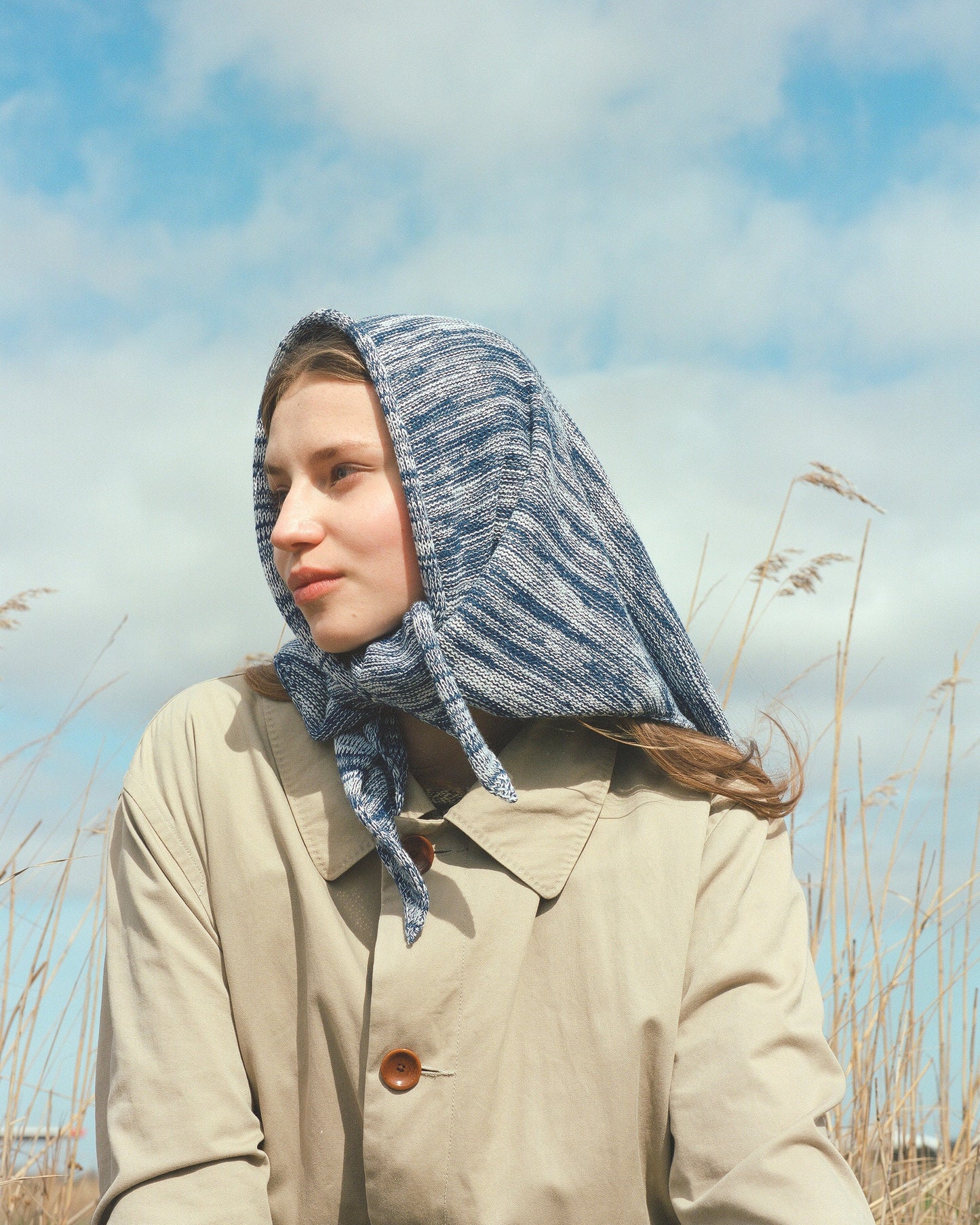 Hand - knitted Melange Headscarf in Navy & Baby blue