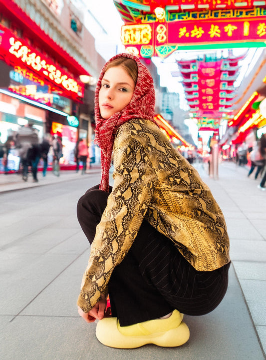 Hand - knitted Melange Headscarf in Red