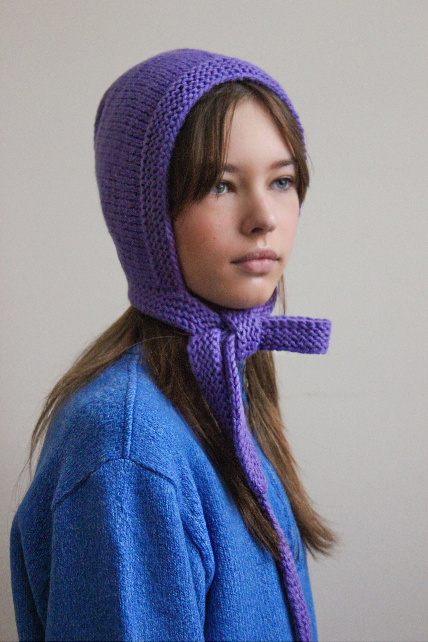 Hand-knitted Adult Bow Tie Bonnet hat in Purple