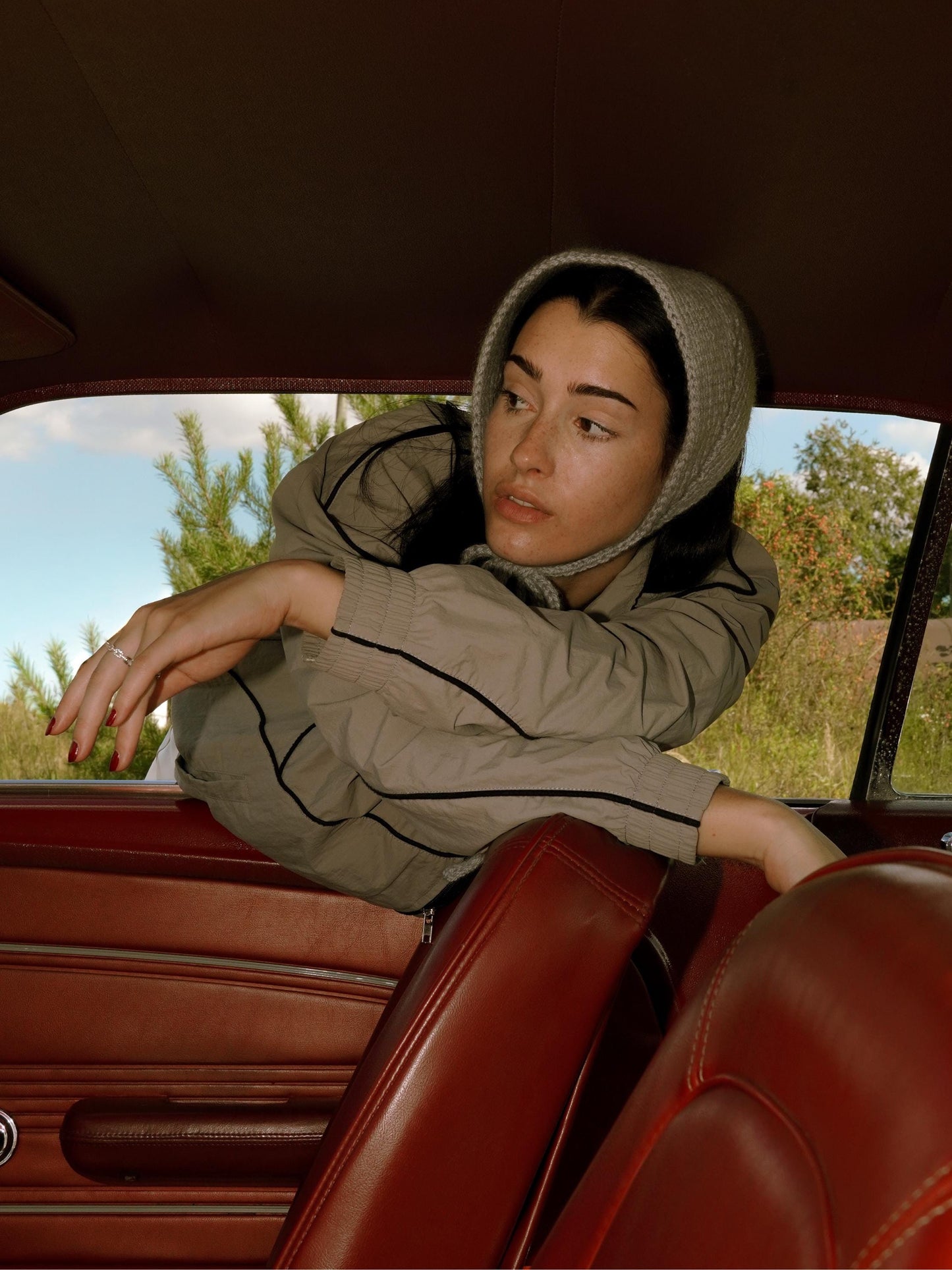 Hand - knitted Mohair Adult Bow Tie Bonnet in Gray