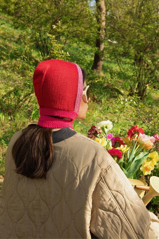 Hand - Knitted Woolen Multi Pink & Red Bow Tie Bonnet Hat