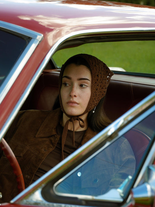 Crochet Premium Cotton Shell & Lace Stitch Headscarf in Brown