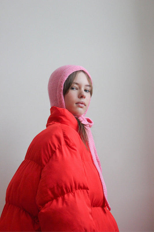 Hand-knitted Adult Bow Tie Bonnet hat in Light Pink