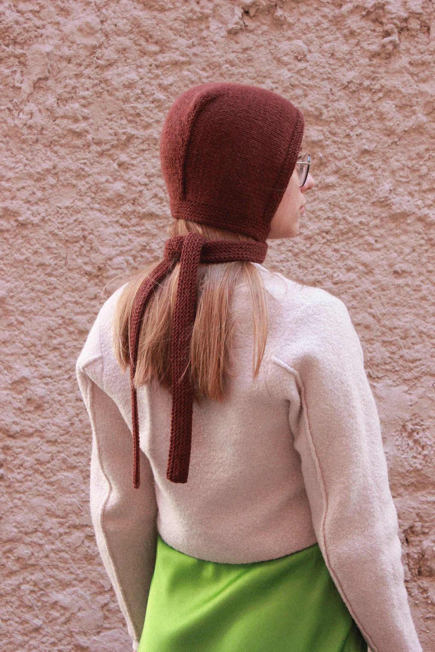 Hand-knitted Adult Bow Tie Bonnet hat with long ties in brown