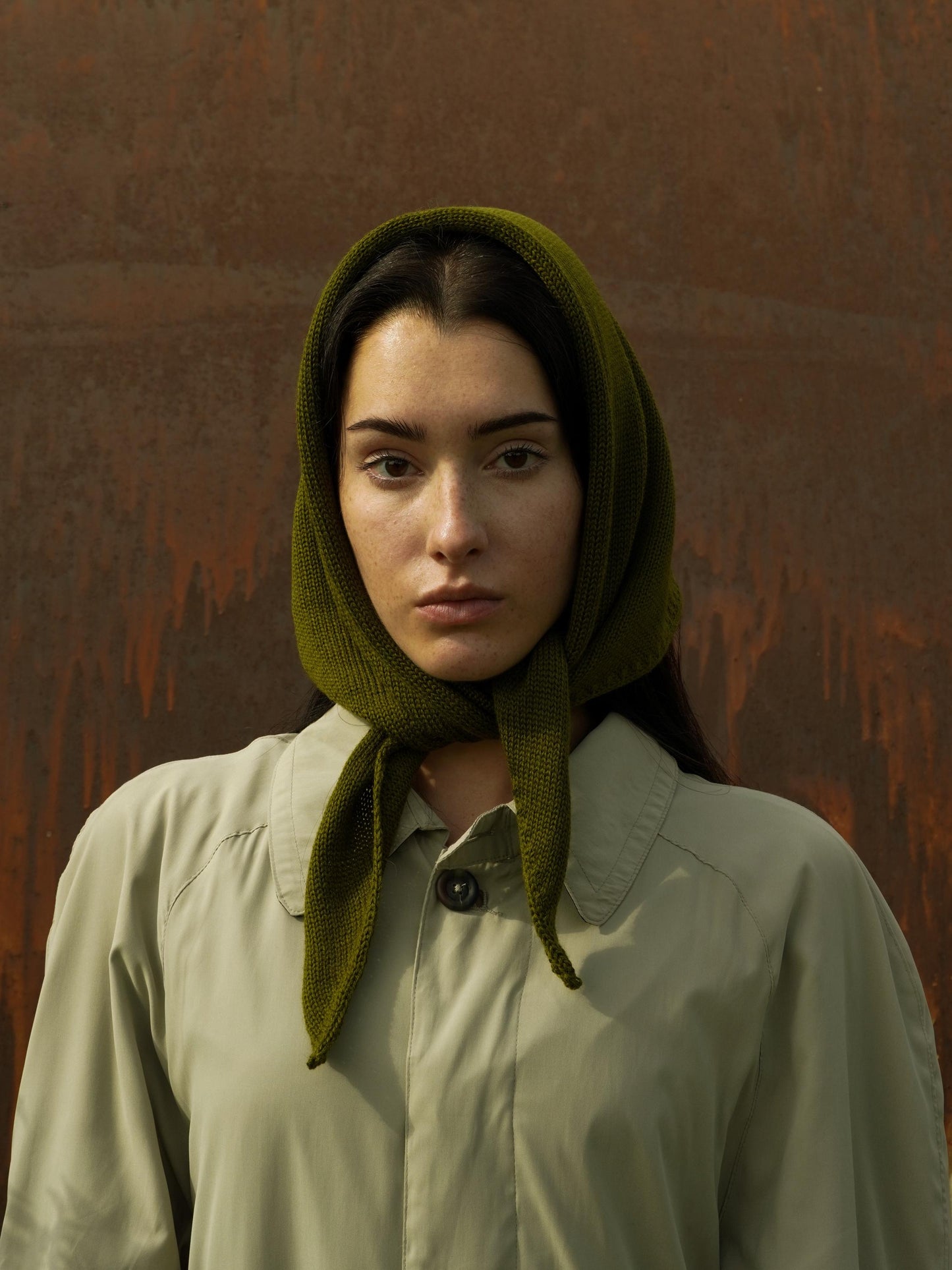 Hand - knitted Headscarf in Khaki Green