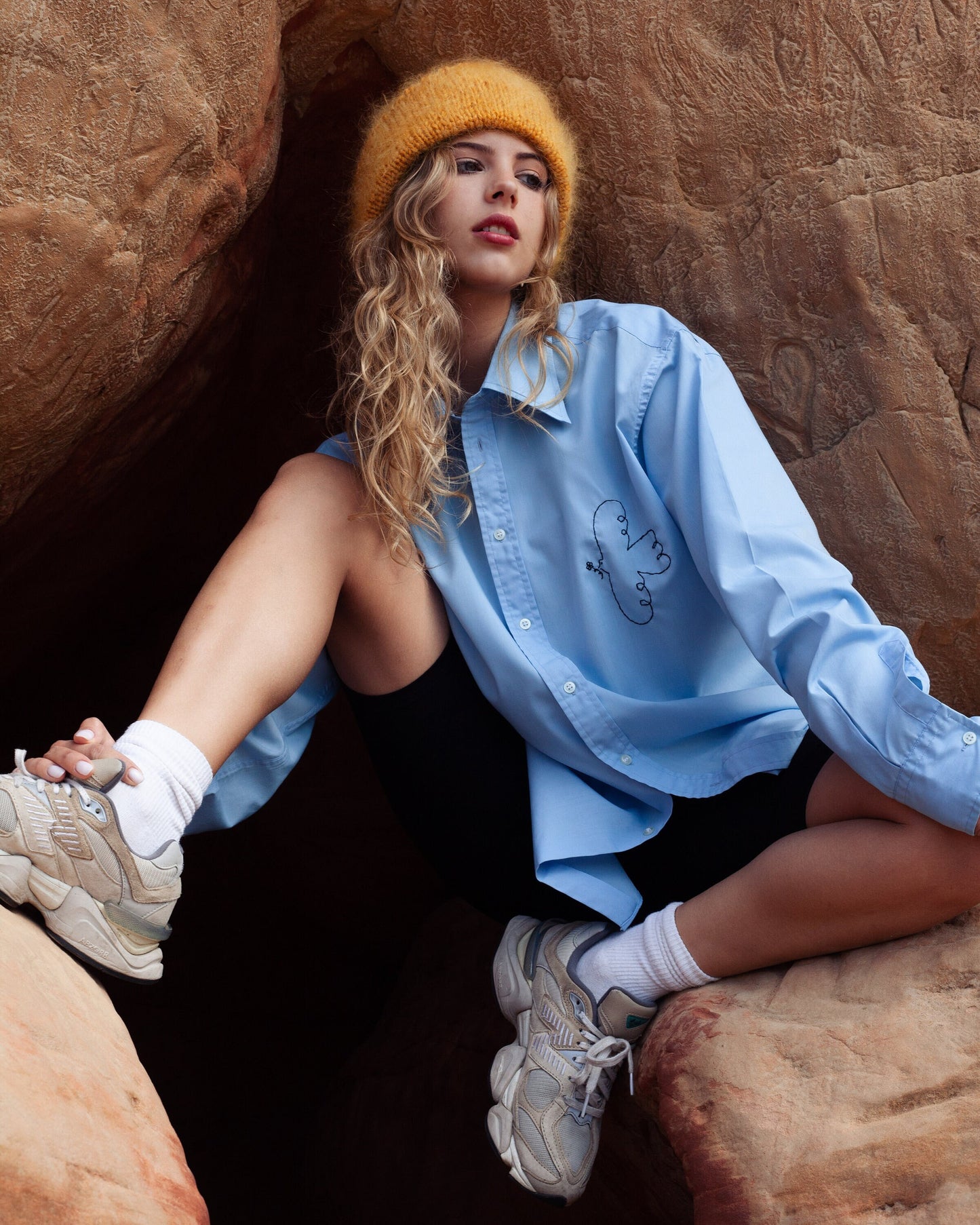 Hand - Knitted Mohair Beanie Hat in Mustard yellow