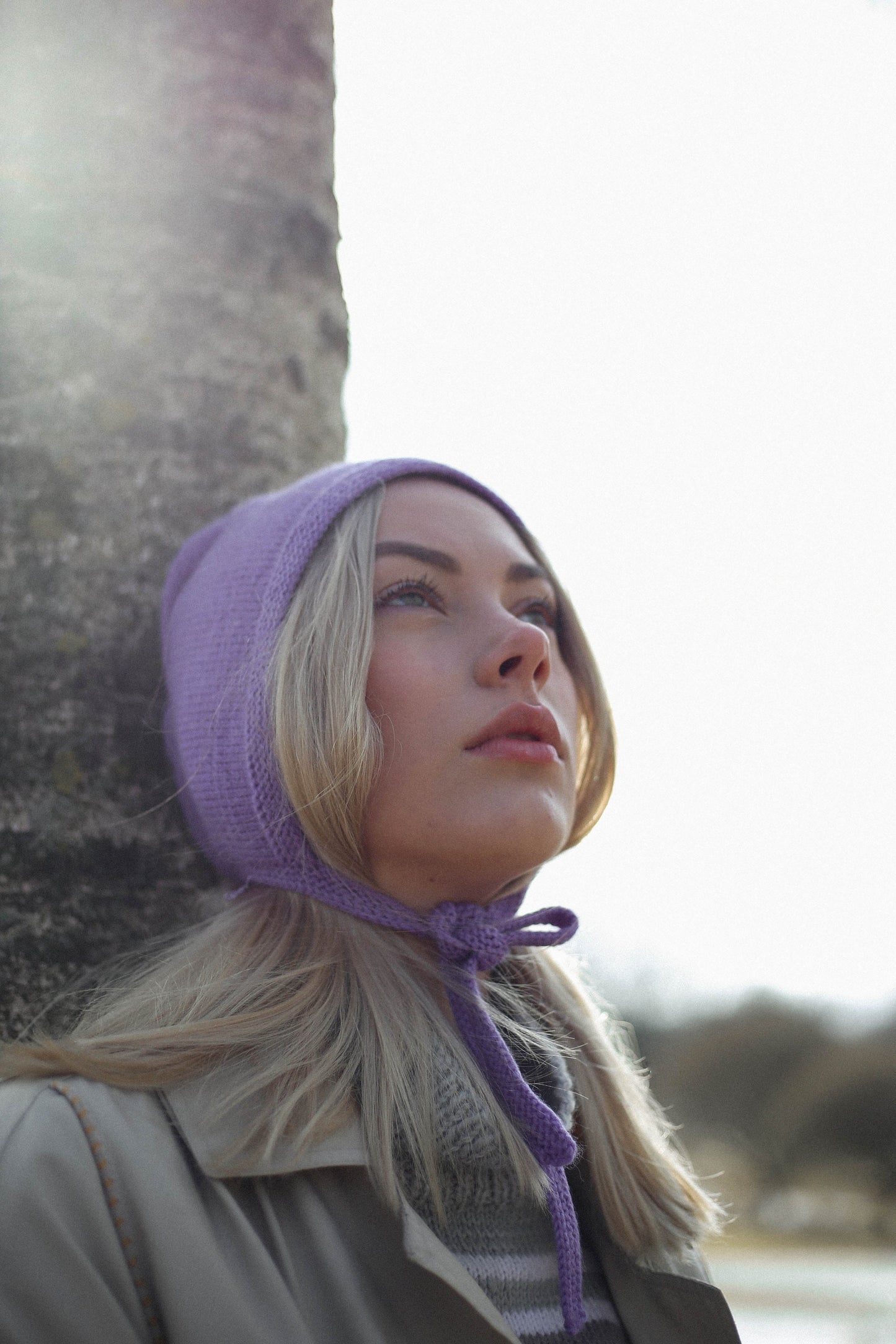 Hand-knitted Adult Bow Tie Bonnet hat in lilac