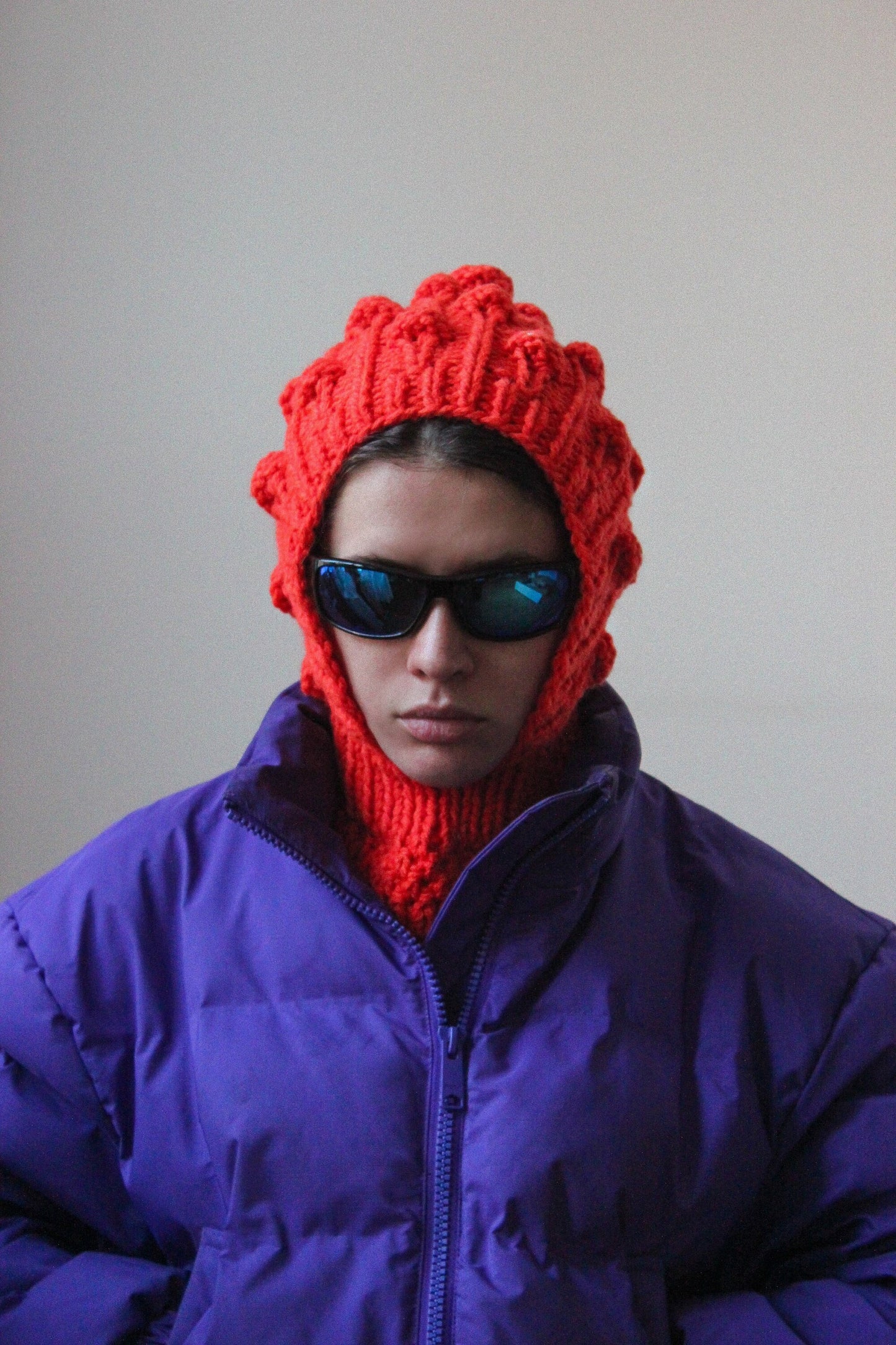 Balaclava Mandarin Brains with dimensional tuck knitting technique