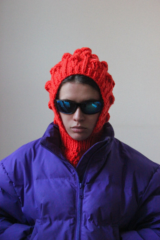 Balaclava Mandarin Brains with dimensional tuck knitting technique