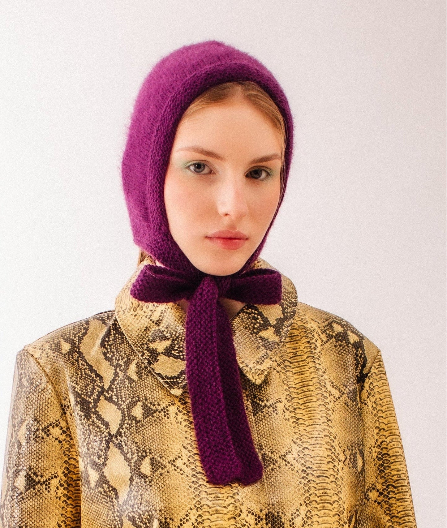 Hand - knitted Adult Bow Tie Mohair Bonnet in Purple