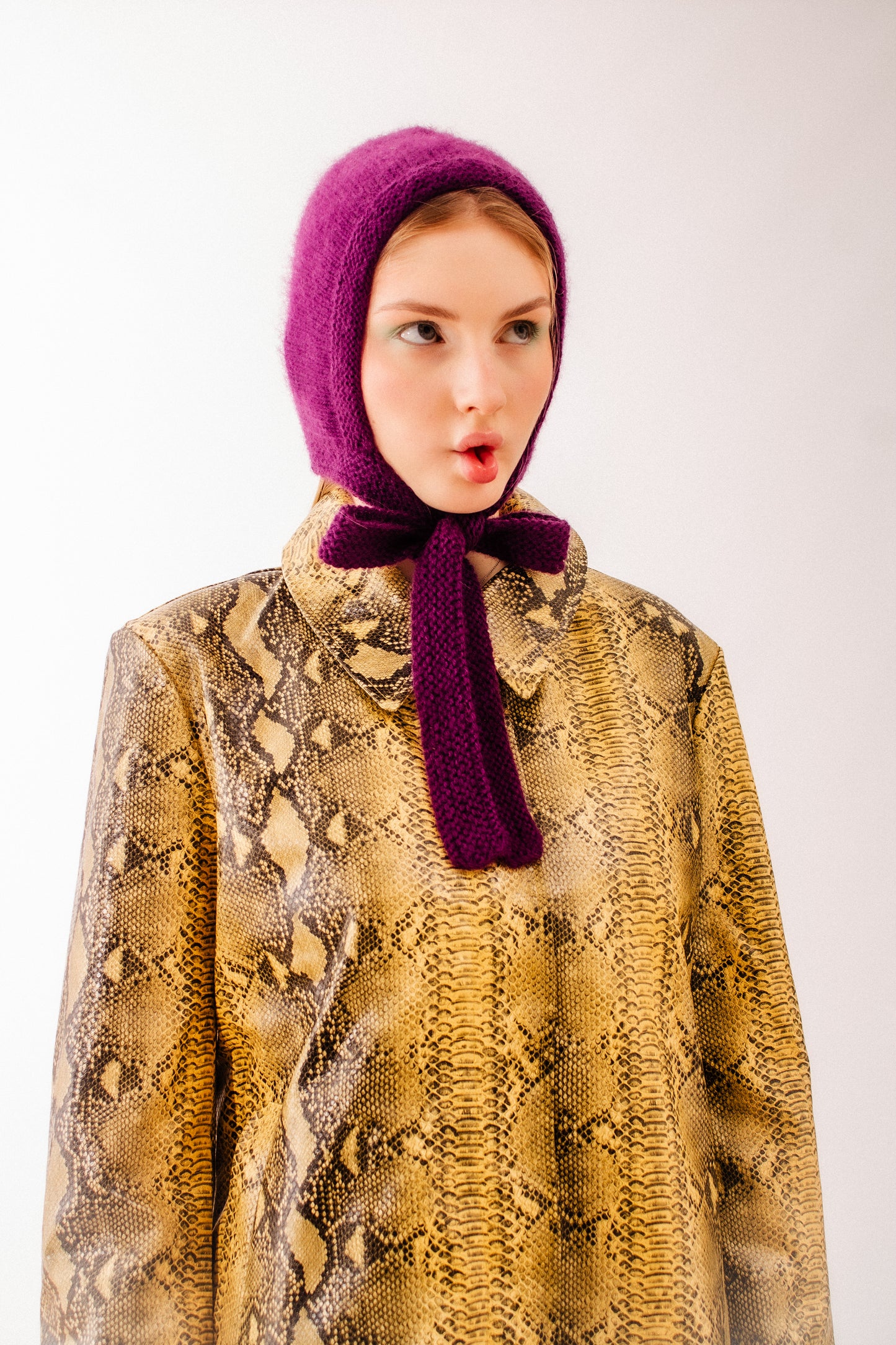 Hand - knitted Adult Bow Tie Mohair Bonnet in Purple