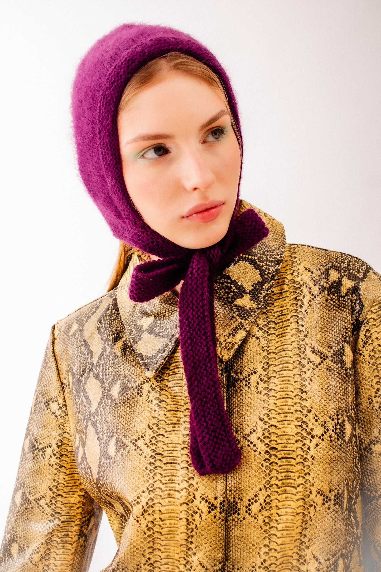 Hand - knitted Adult Bow Tie Mohair Bonnet in Purple