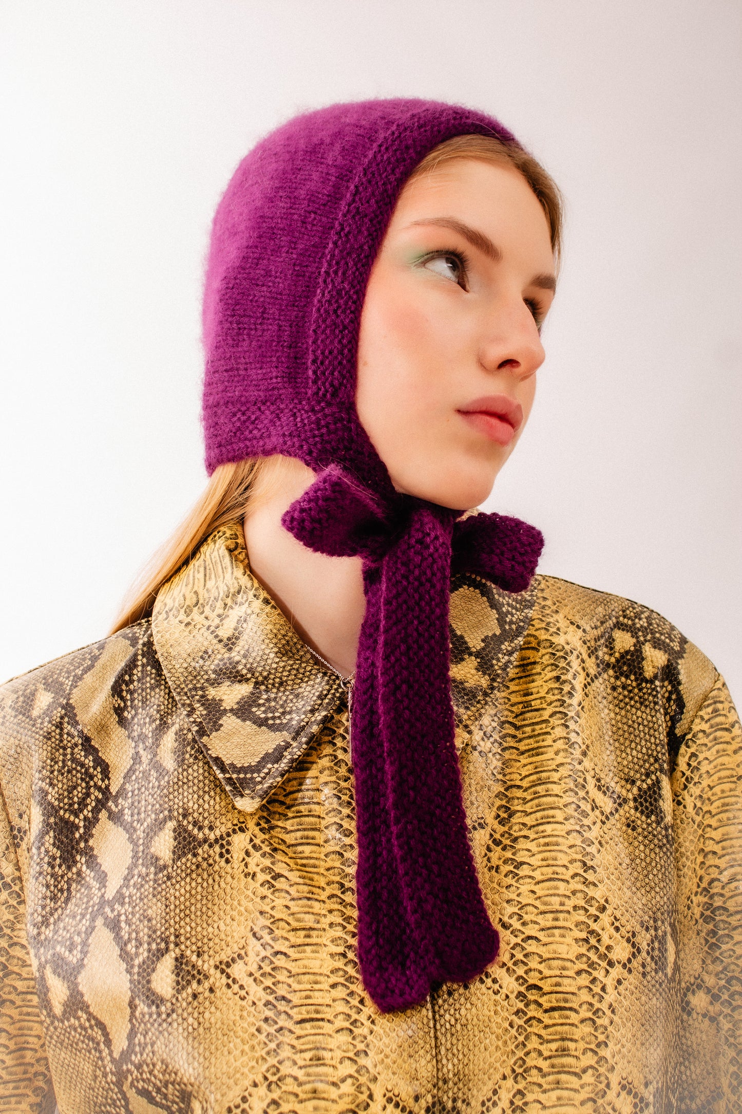 Hand - knitted Adult Bow Tie Mohair Bonnet in Purple