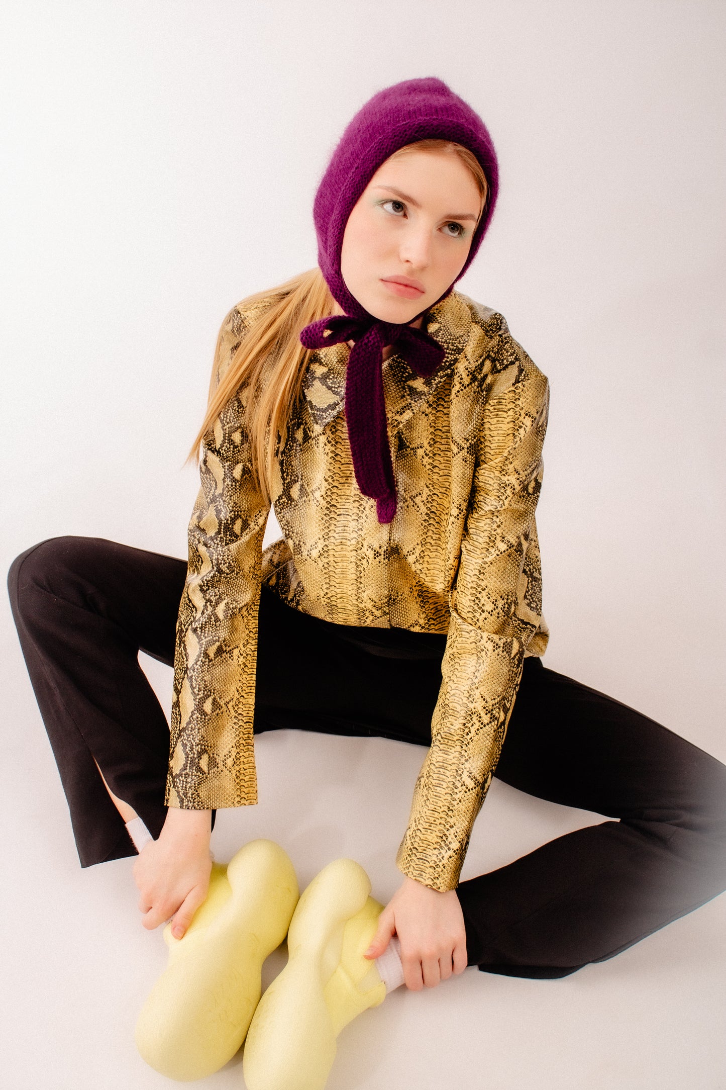 Hand - knitted Adult Bow Tie Mohair Bonnet in Purple