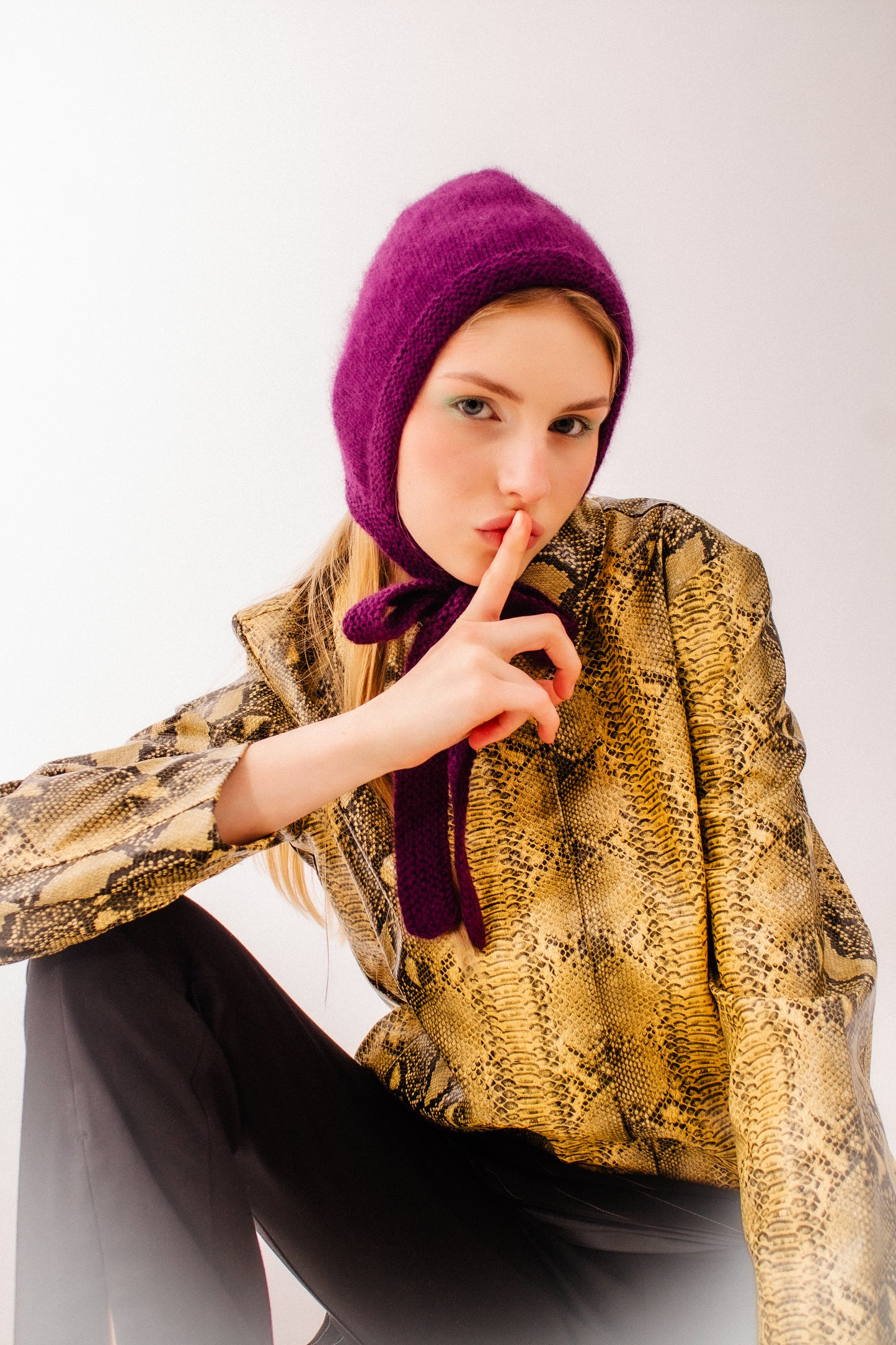 Hand - knitted Adult Bow Tie Mohair Bonnet in Purple