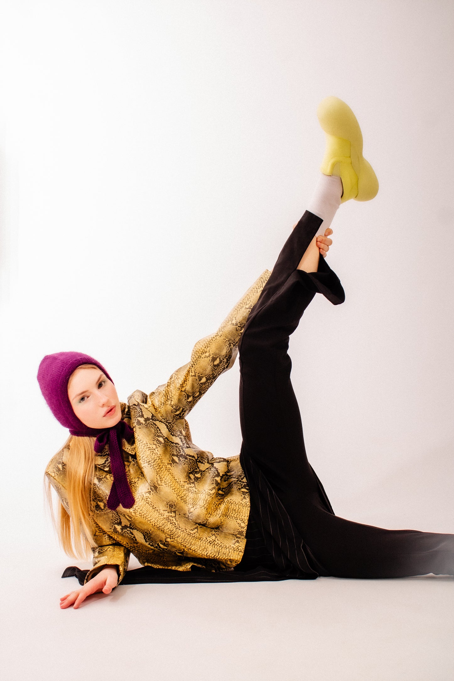 Hand - knitted Adult Bow Tie Mohair Bonnet in Purple