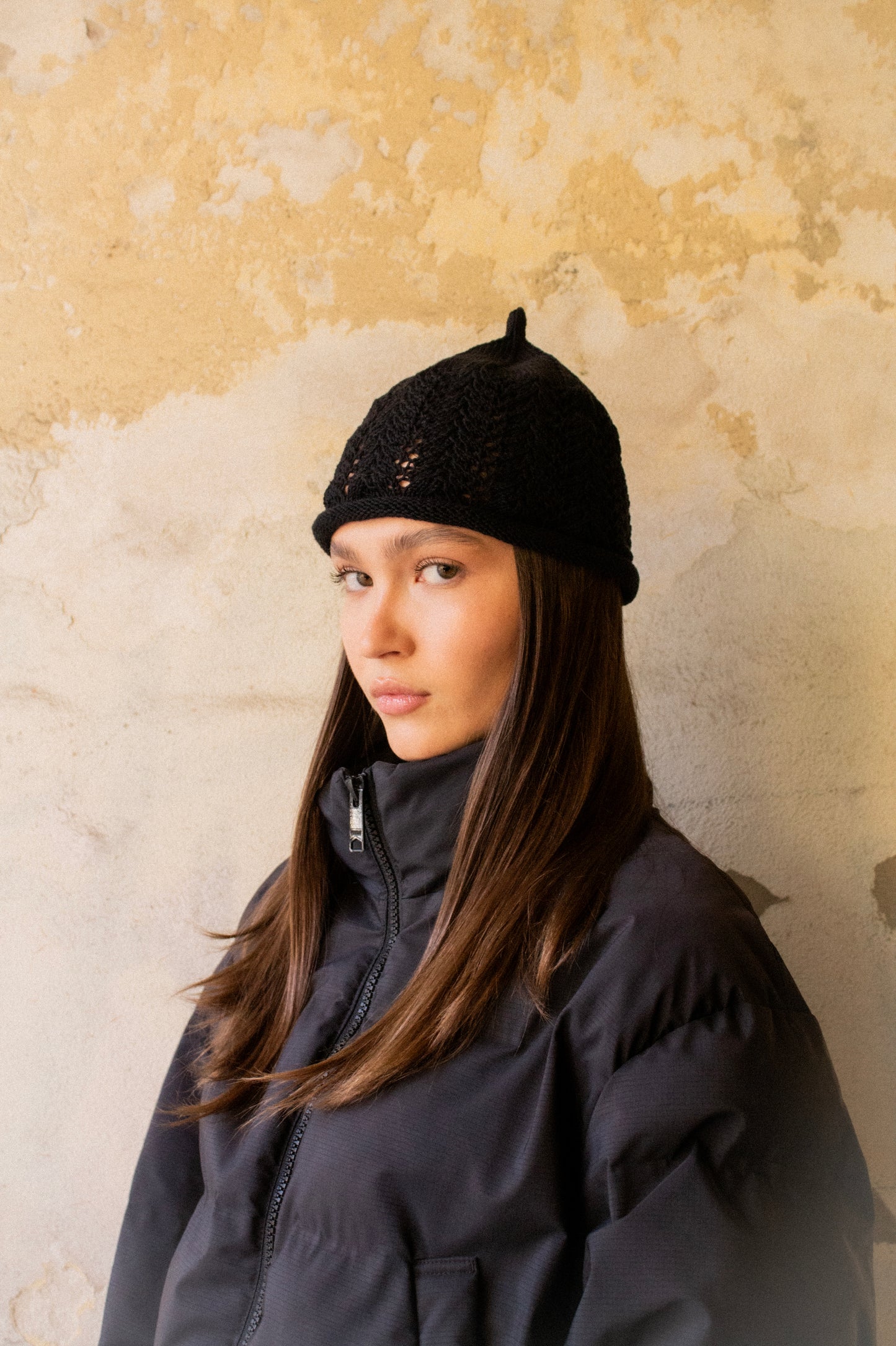 Cotton Lace Crochet Teletubby Hat in Black
