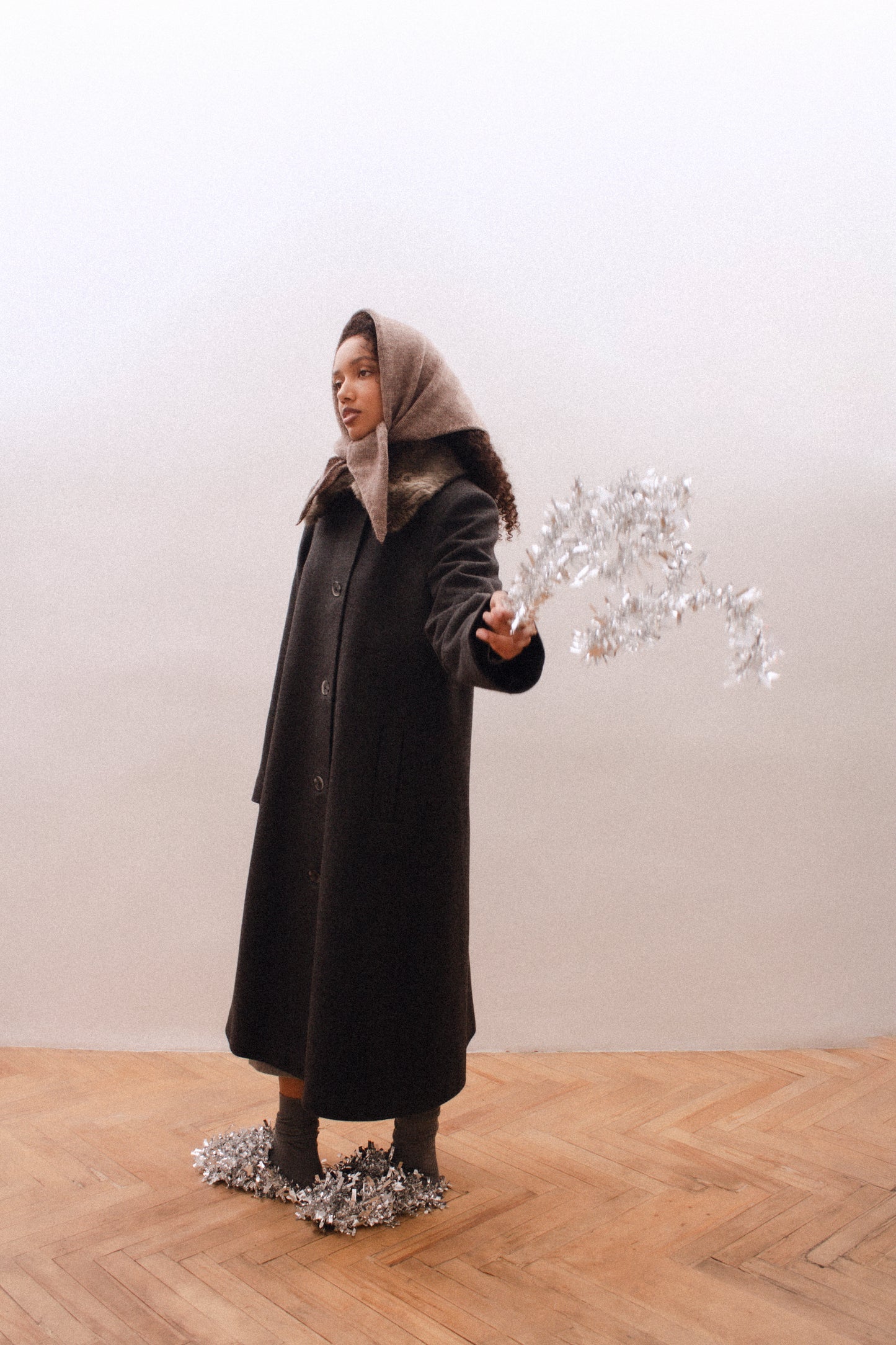 Hand - knitted Mohair Melange Headscarf in Brown