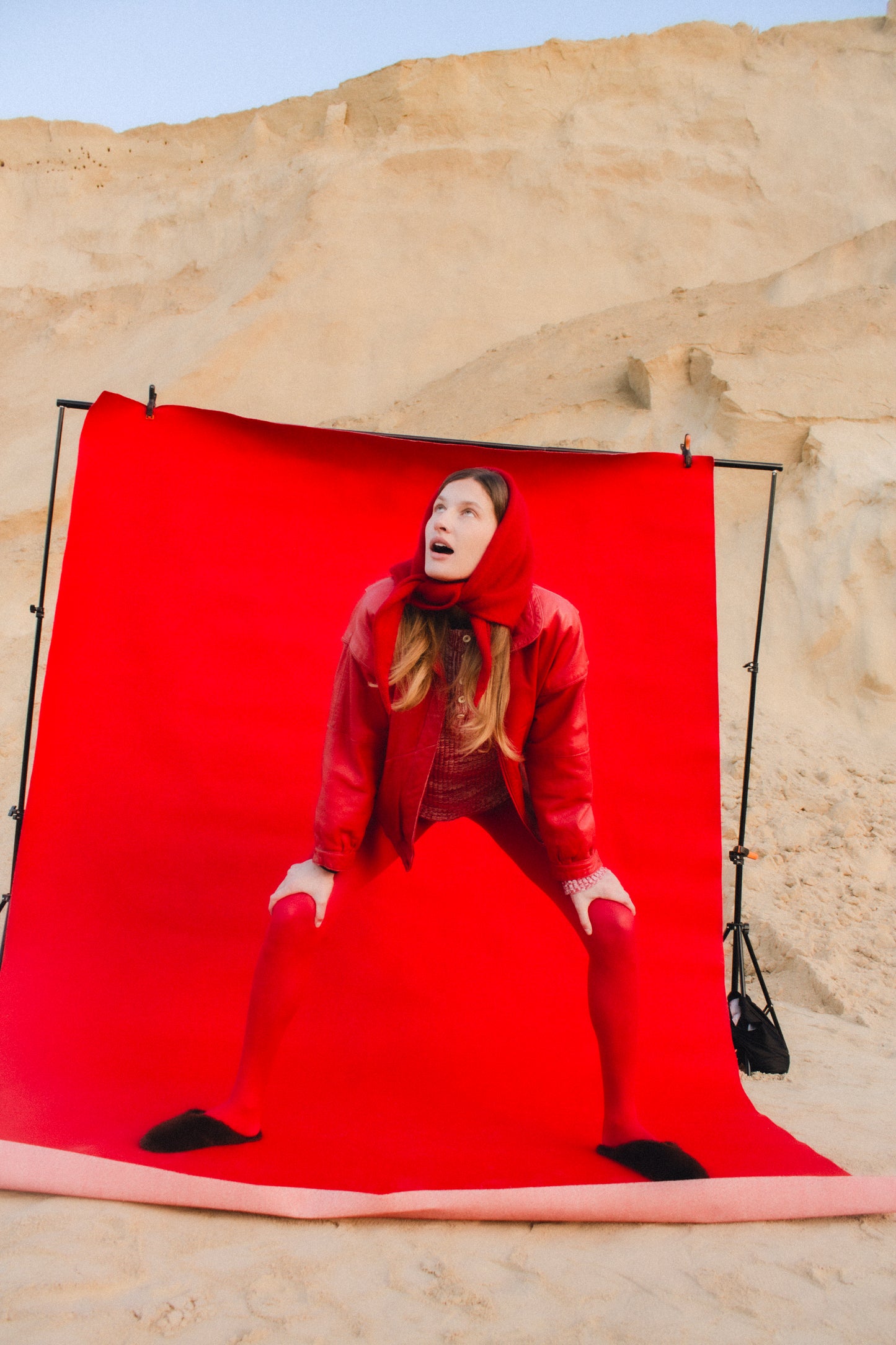 Hand - knitted Mohair Headscarf in Red