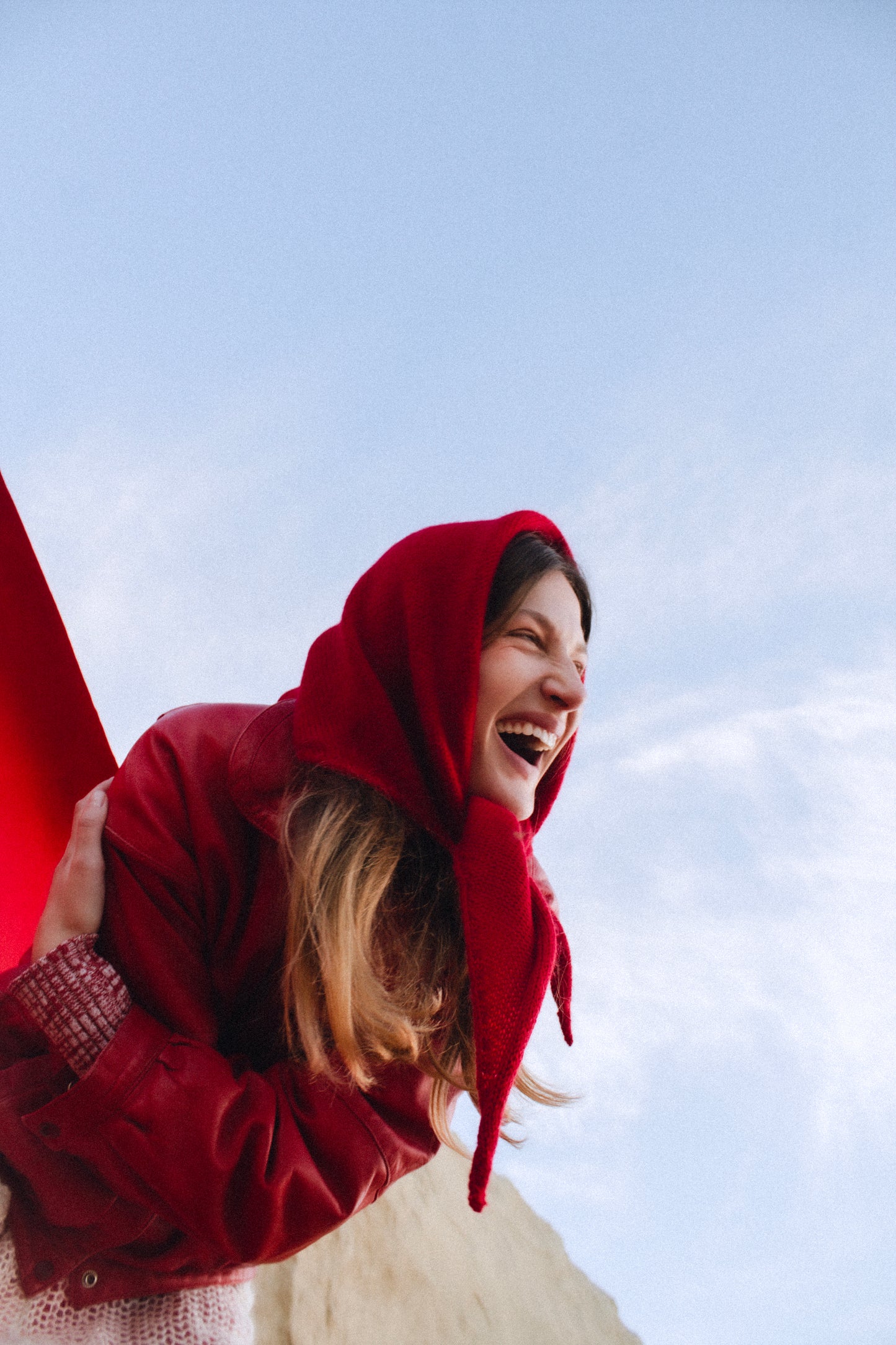 Hand - knitted Mohair Headscarf in Red