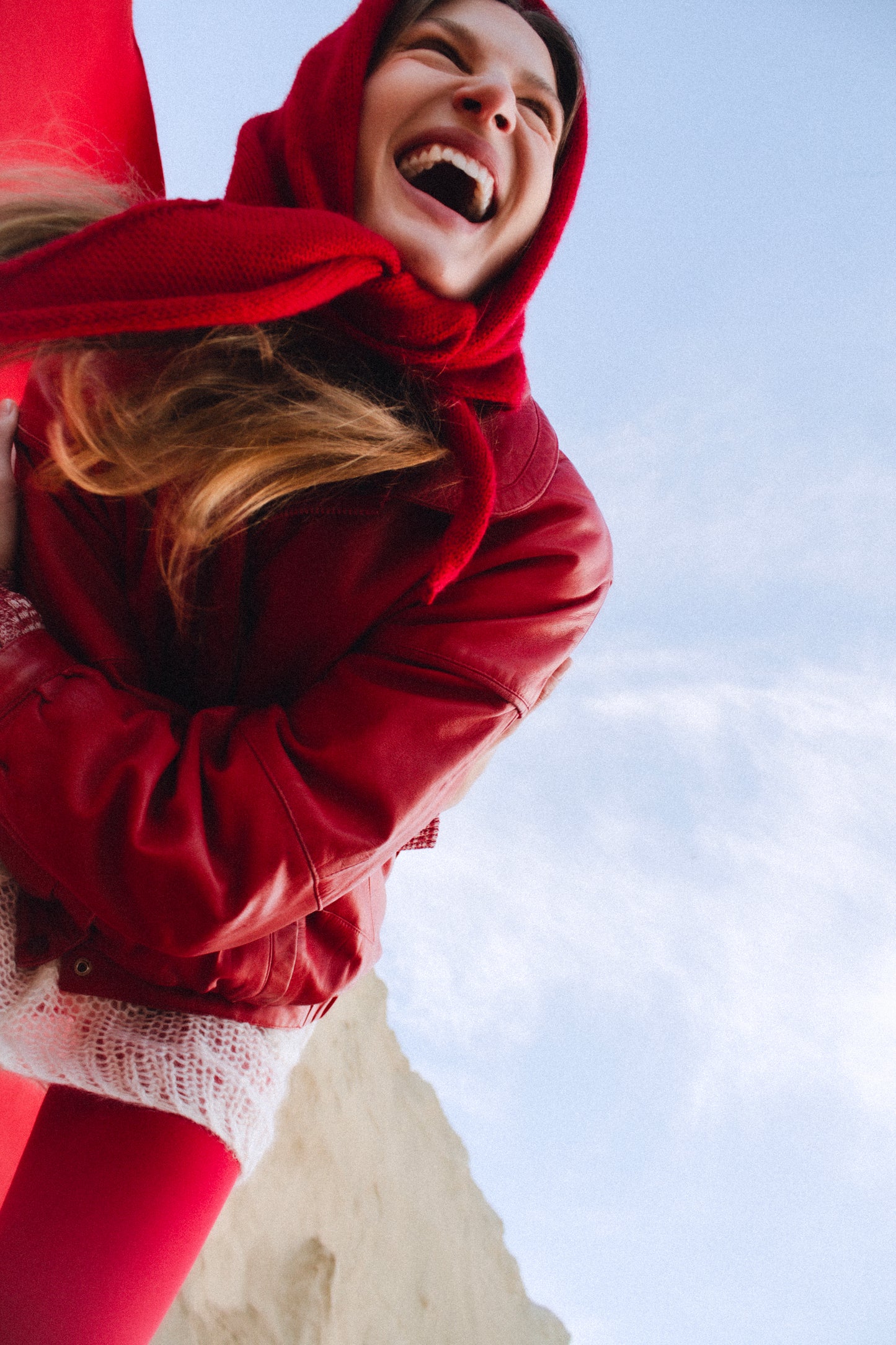 Hand - knitted Mohair Headscarf in Red