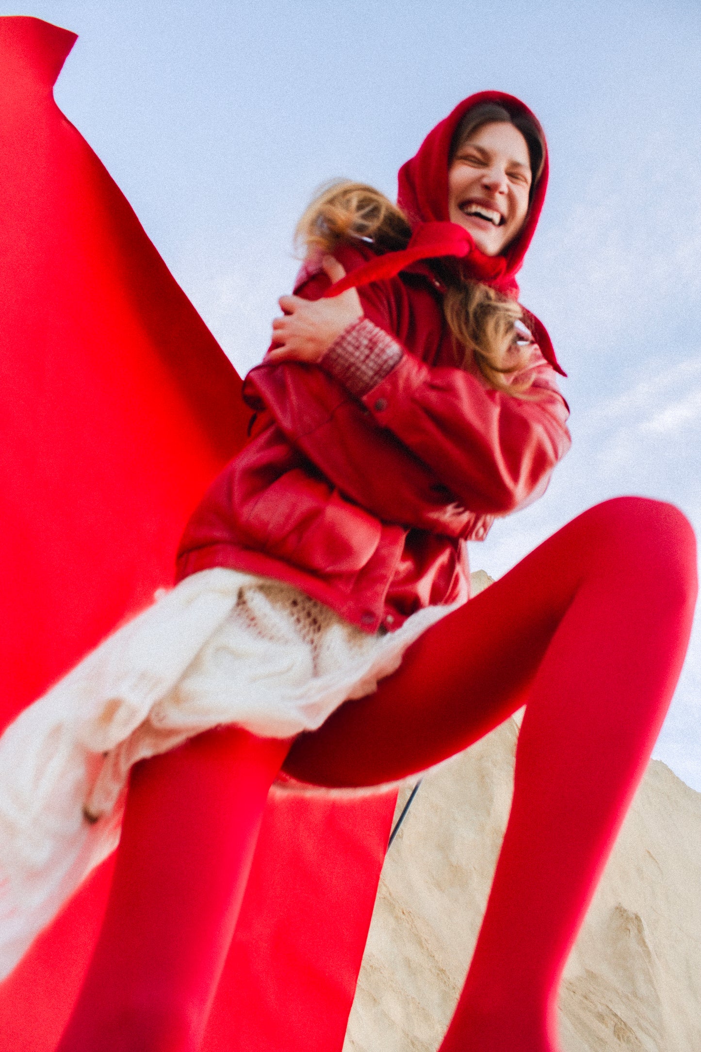 Hand - knitted Mohair Headscarf in Red