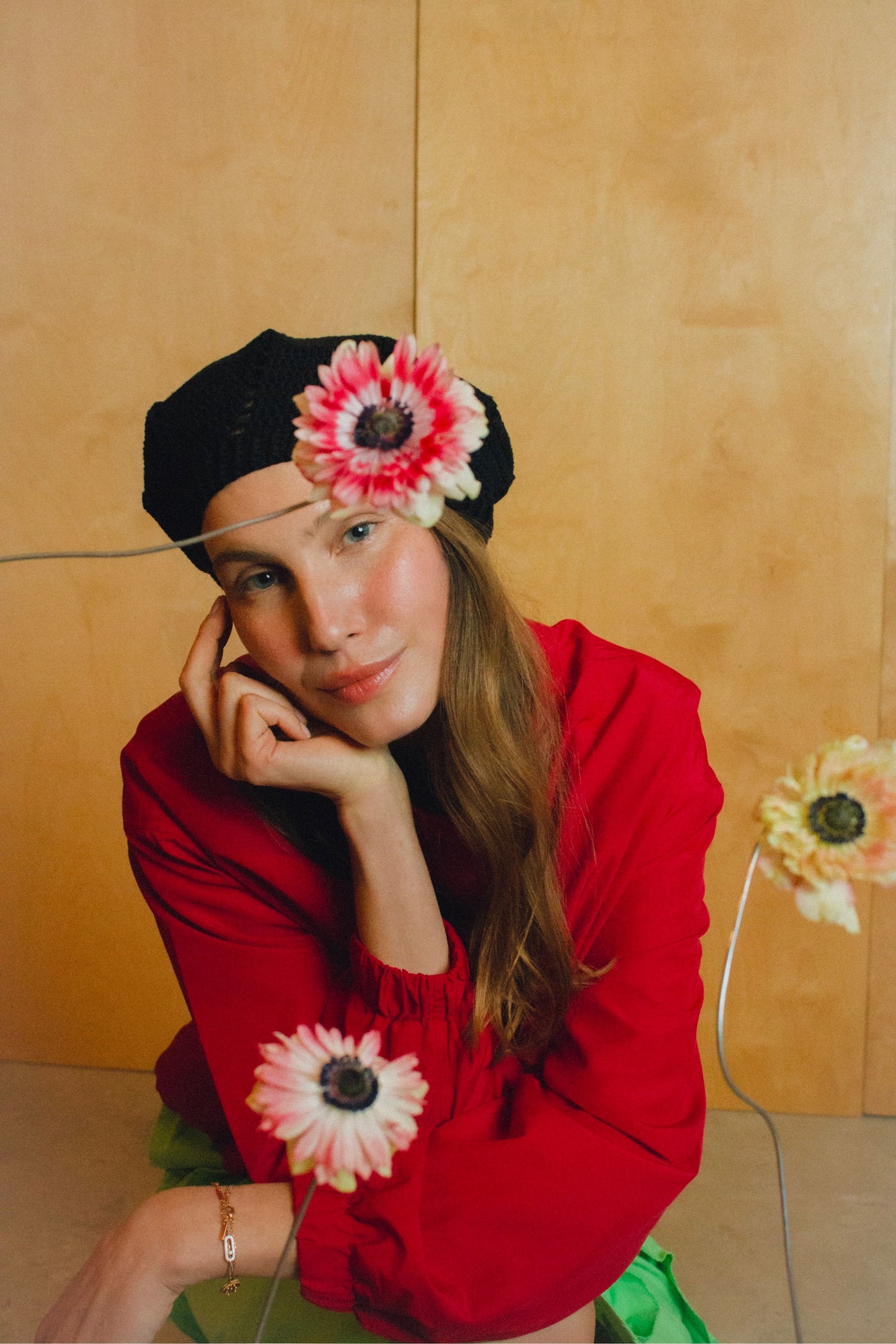 Cotton Crochet Beret in Black