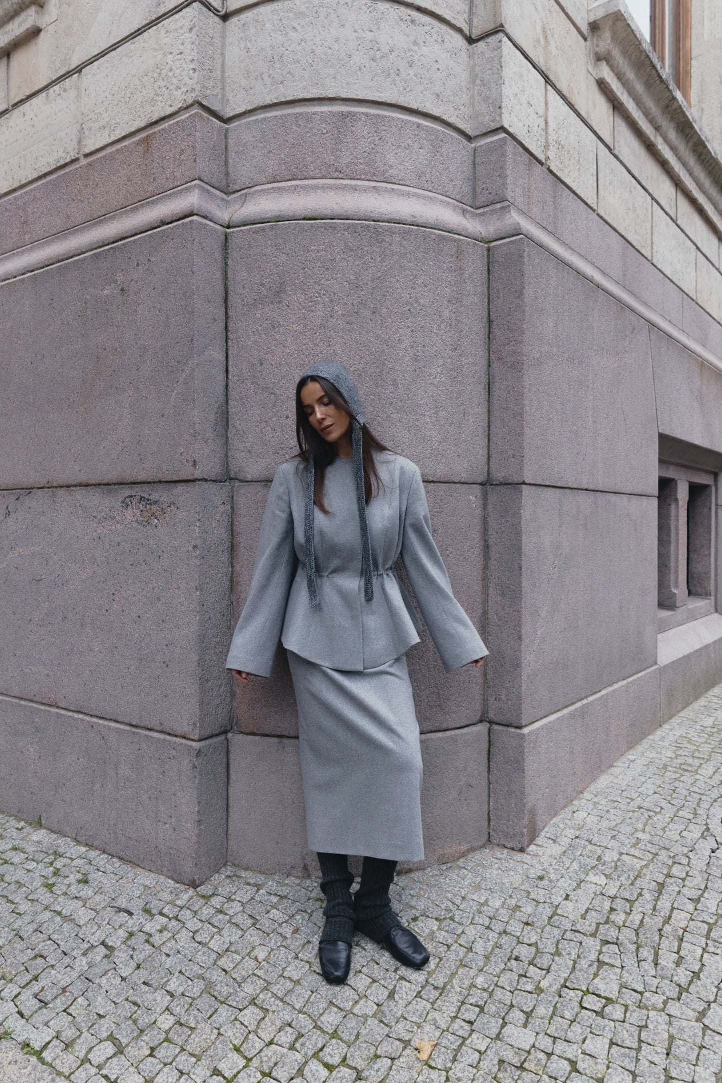 Hand - knitted Bow Tie Mohair Bonnet in Gray Mélange