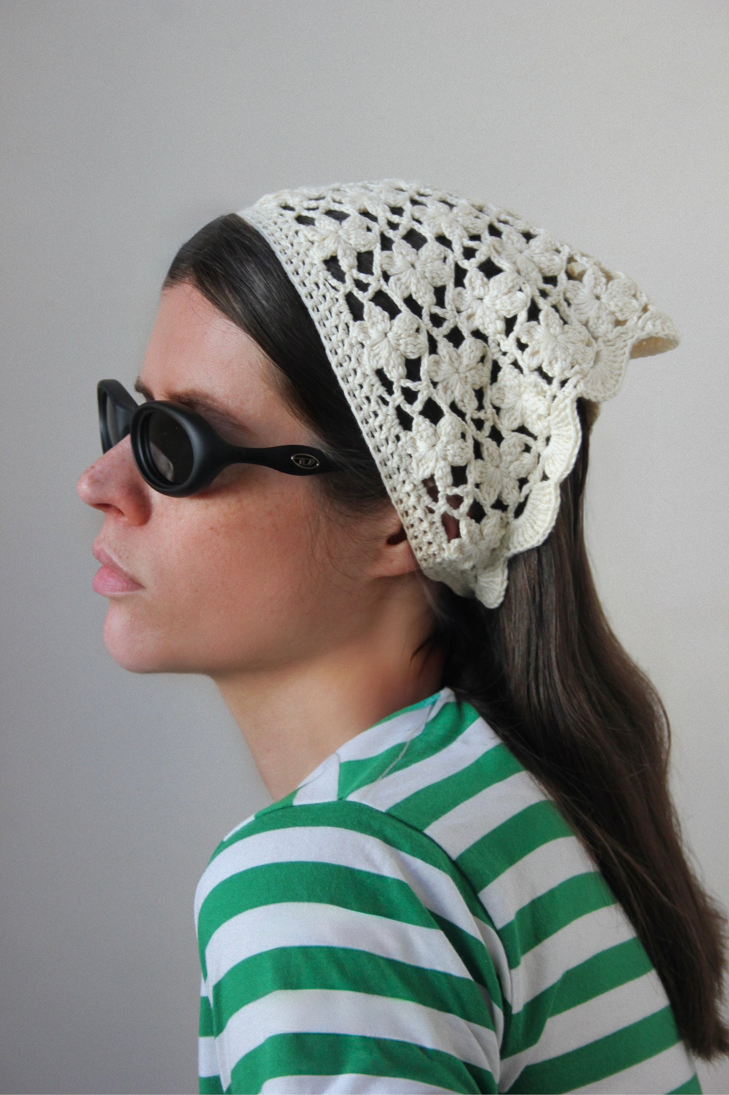 Floral Crochet Headscarf in Buttermilk