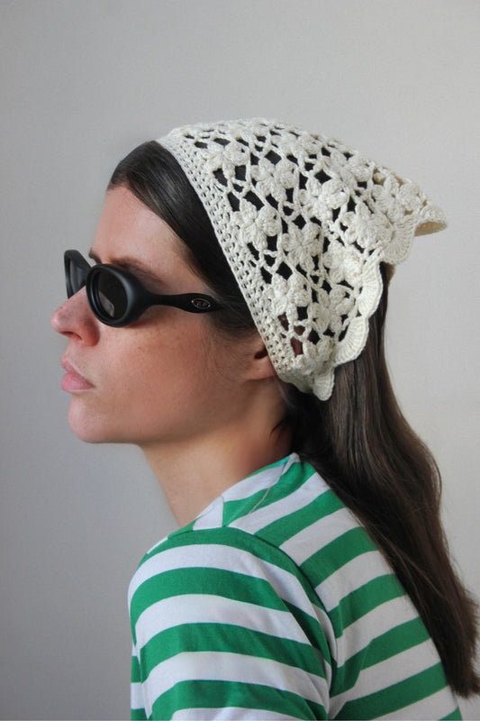 Floral Crochet Headscarf in Buttermilk