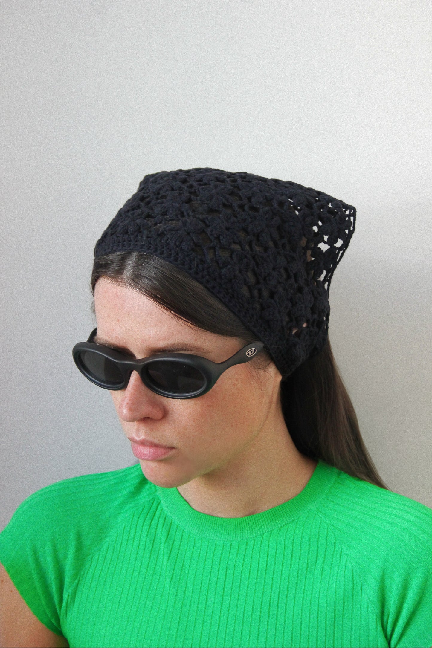 Floral Crochet Headscarf in Black