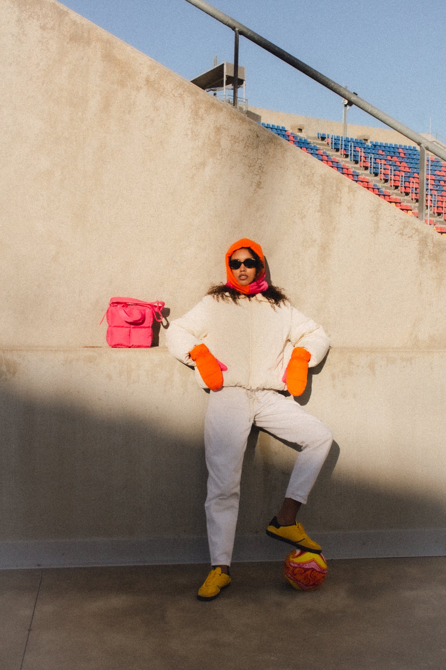 Bicolor Pillow Puffer Mittens on Strings in Orange & Hot Pink