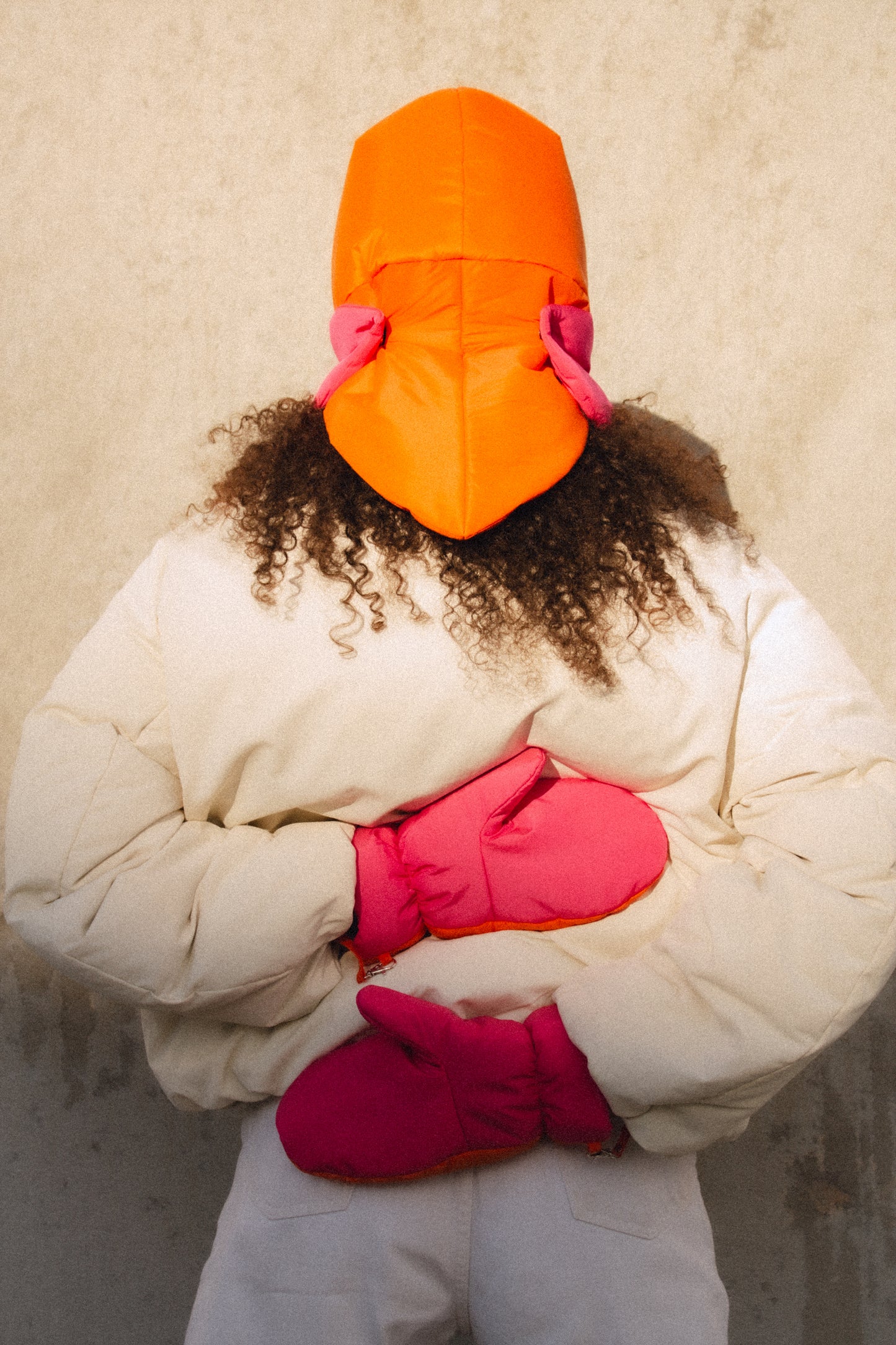 Bicolor Pillow Puffer Mittens on Strings in Orange & Hot Pink