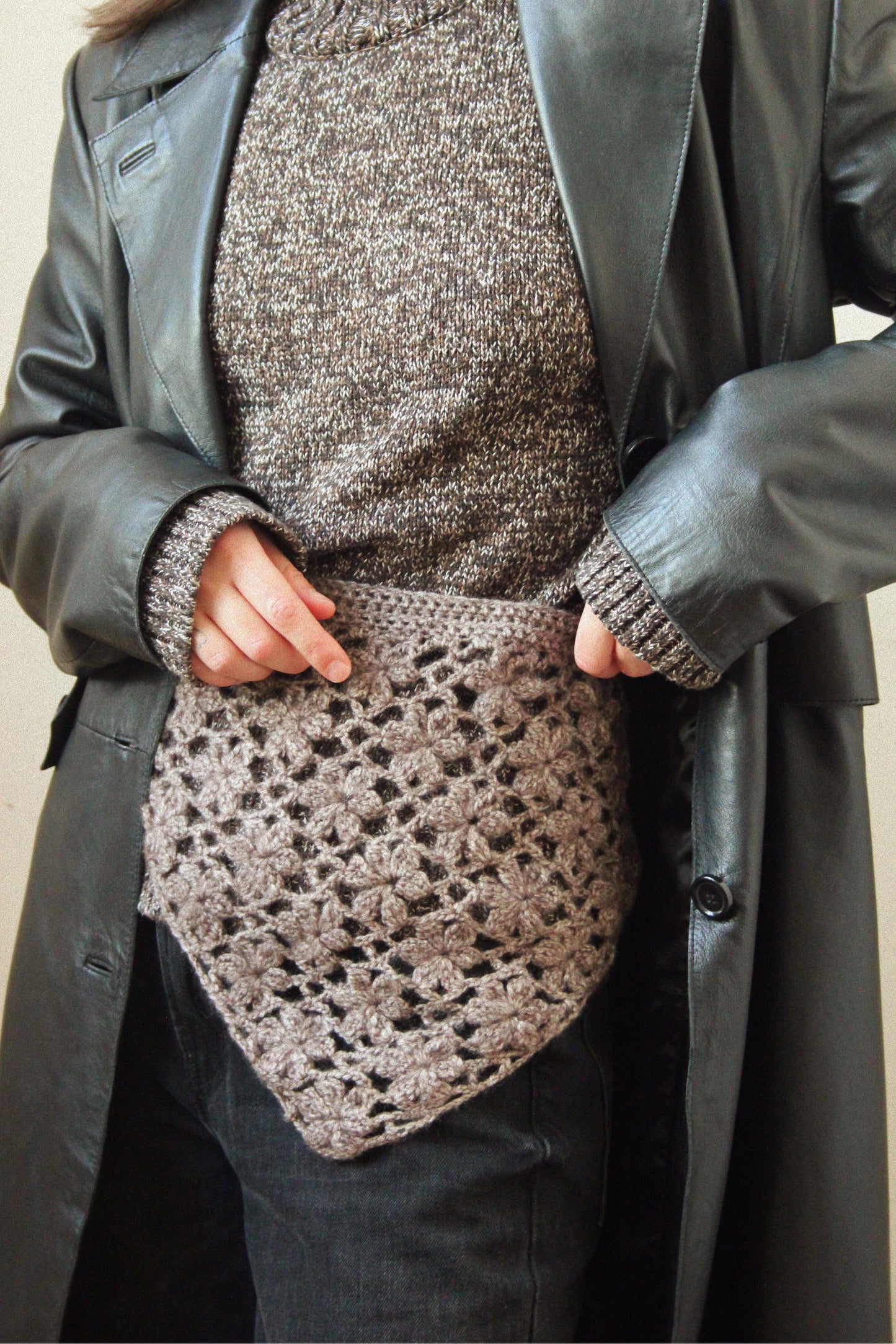 Hand - knitted Mesh Floral Mohair Melange Headscarf in Brown