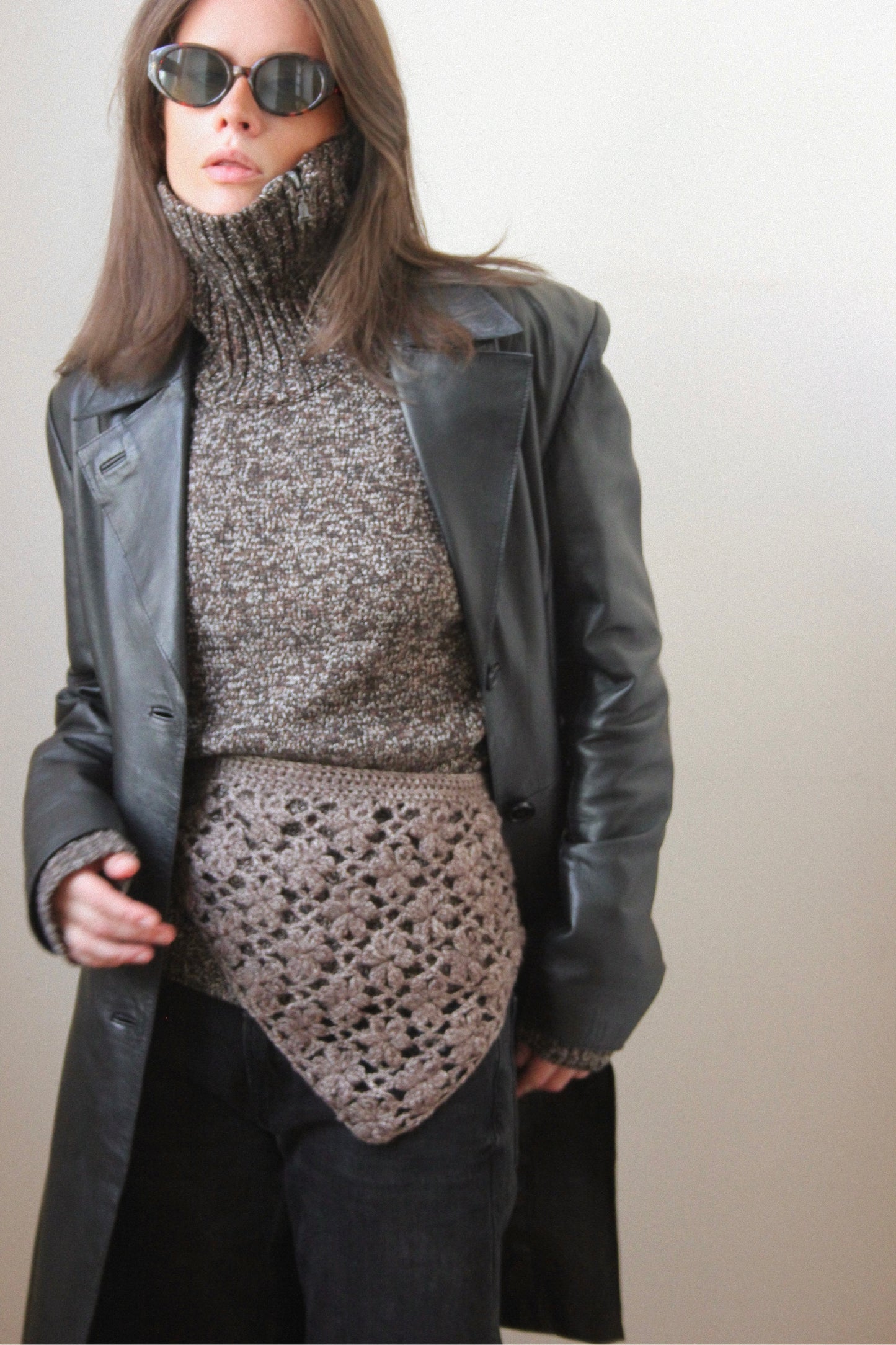 Hand - knitted Mesh Floral Mohair Melange Headscarf in Brown