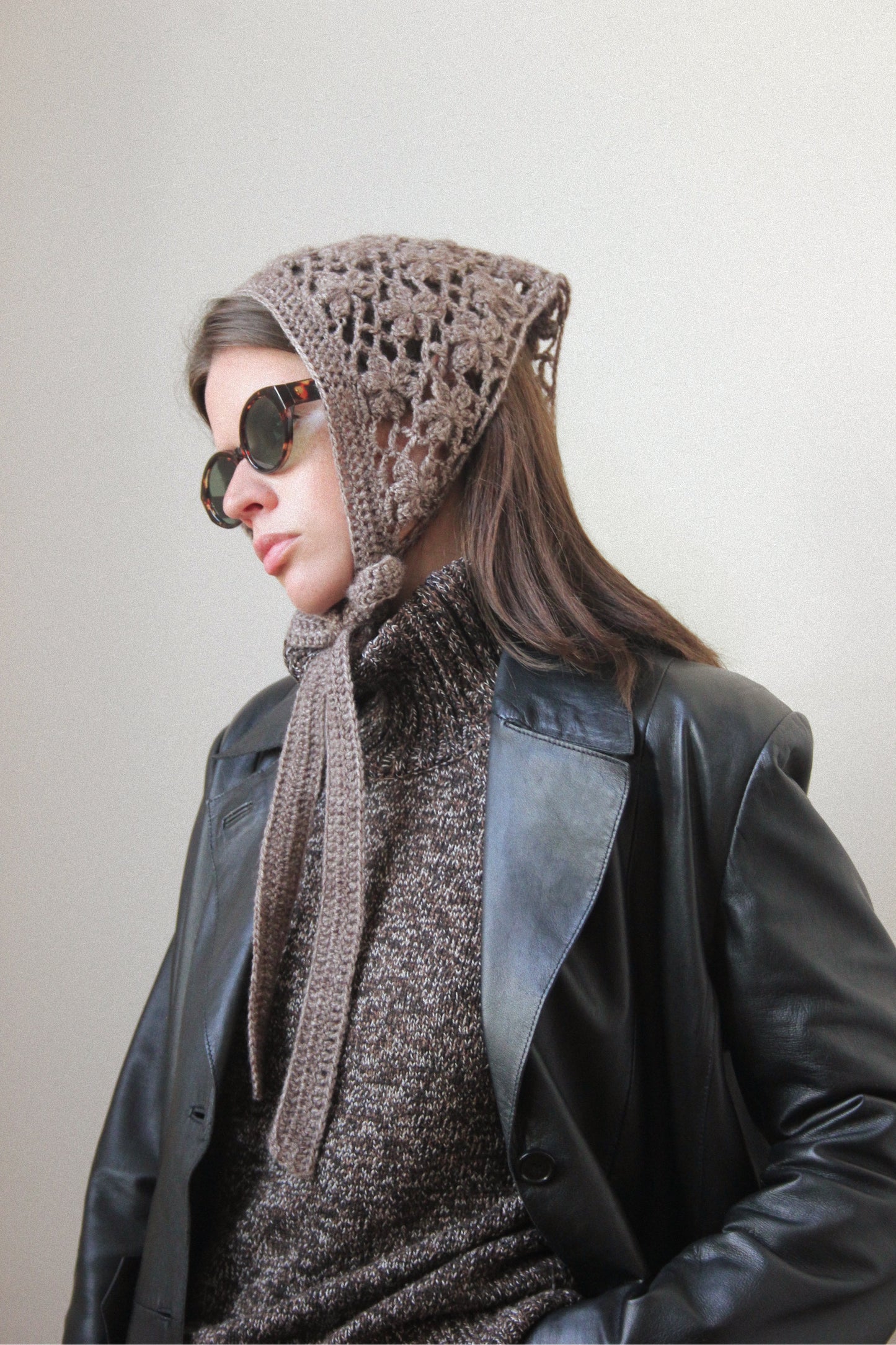 Hand - knitted Mesh Floral Mohair Melange Headscarf in Brown