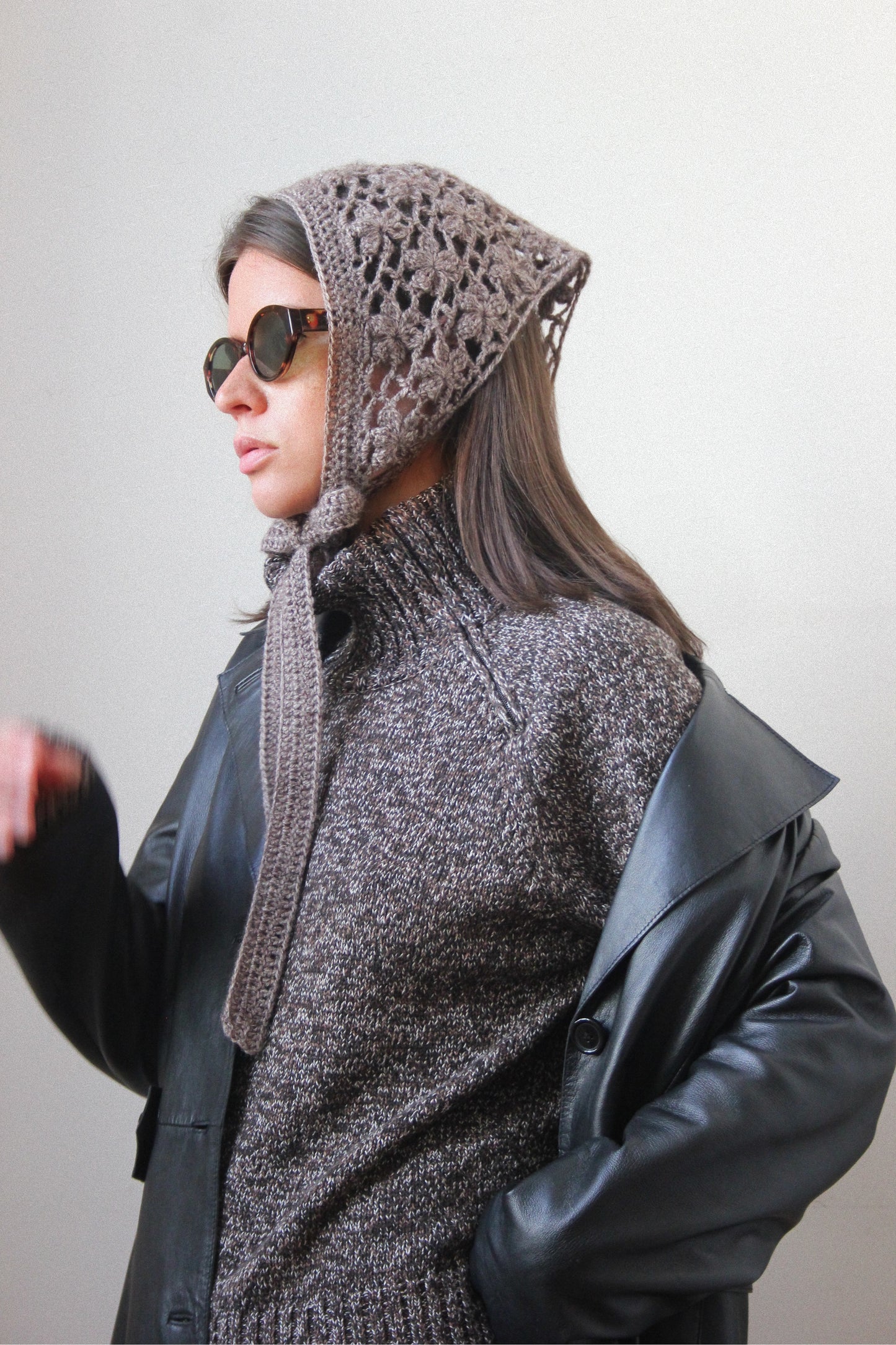 Hand - knitted Mesh Floral Mohair Melange Headscarf in Brown