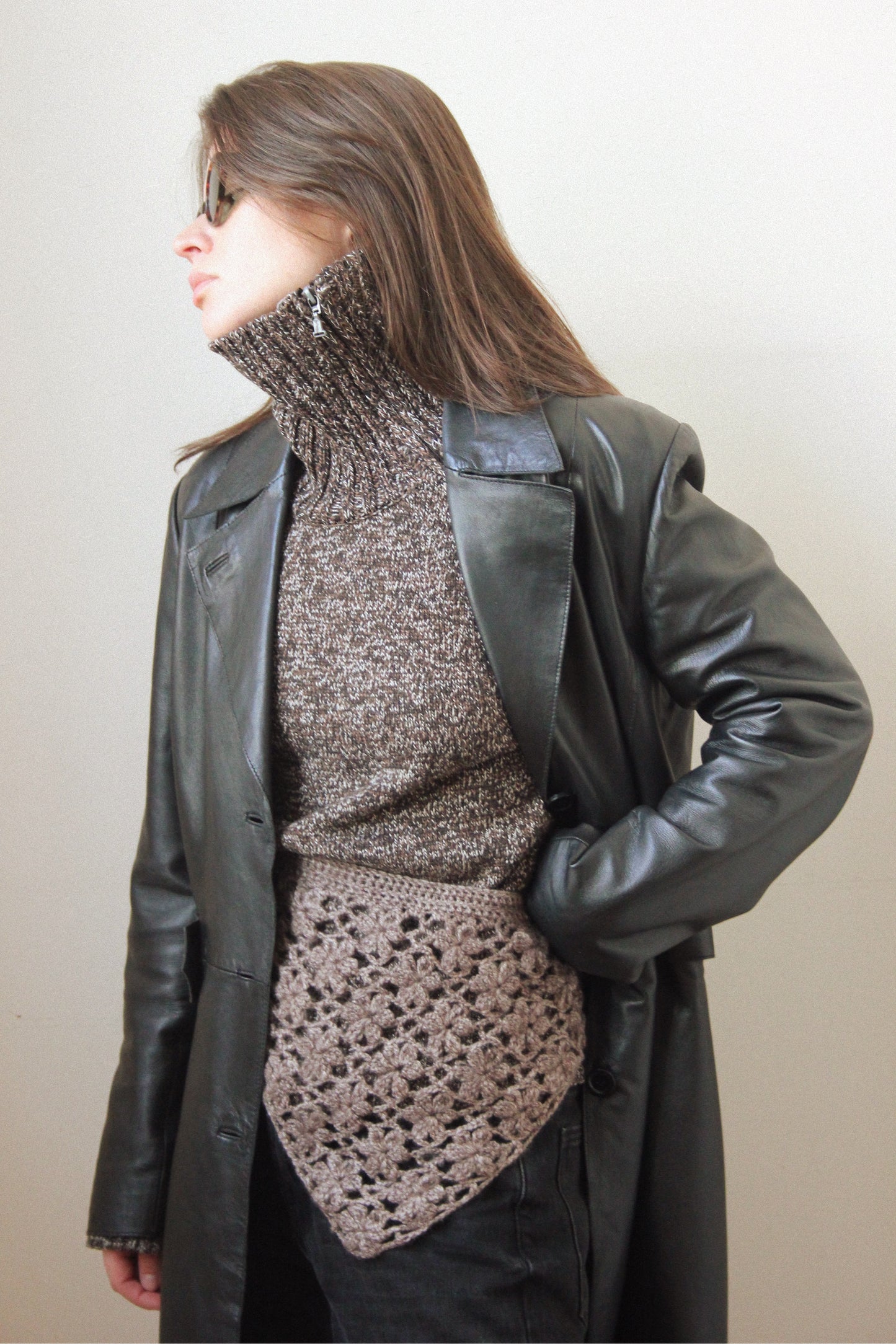 Hand - knitted Mesh Floral Mohair Melange Headscarf in Brown